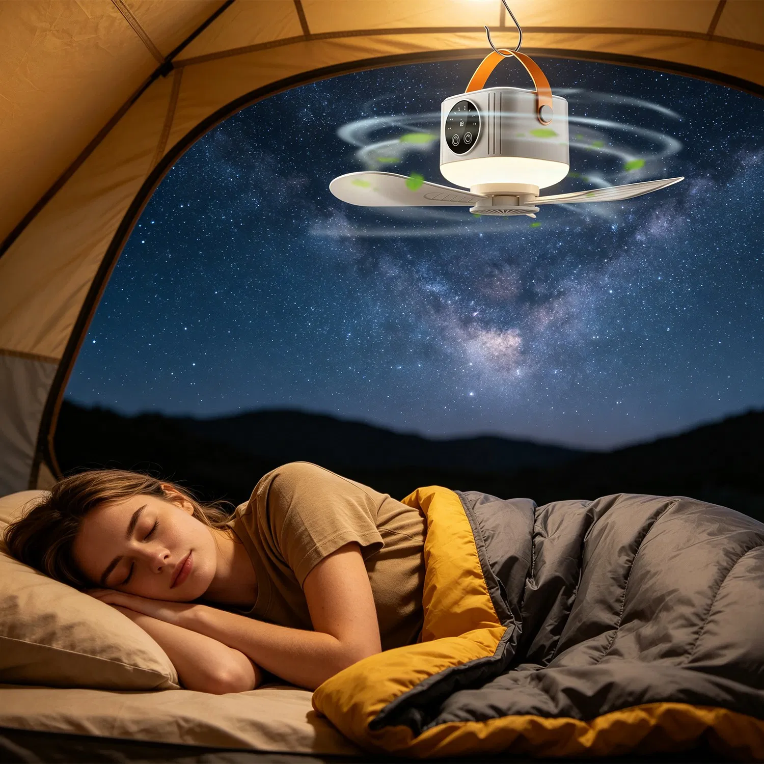 2 in 1 Rechargeable Camping Fan with Built-In LED Lantern Remote Control, 4 Wind Speeds 3 Light Brightness 1/2/6/8H Timer 7200mAh Battery Tripod Stand Hanging Hook Detachable Blades photo 5