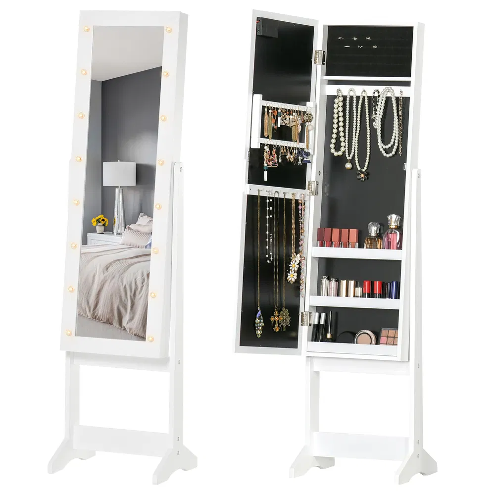 Lighted Jewelry Cabinet Mirrored Armoire Organizer Free Standing Storage for Necklaces Bracelets Rings Earrings Adjustable photo 7