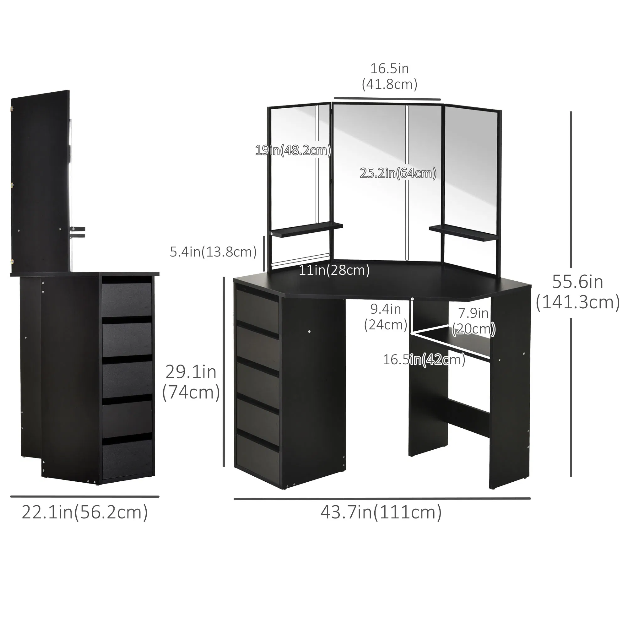 Corner Vanity Desk with Mirror, Makeup Vanity Table with 5 Drawers and Open Shelves, Dressing Table with 3-piece Mirror for Bedroom, Black photo 4