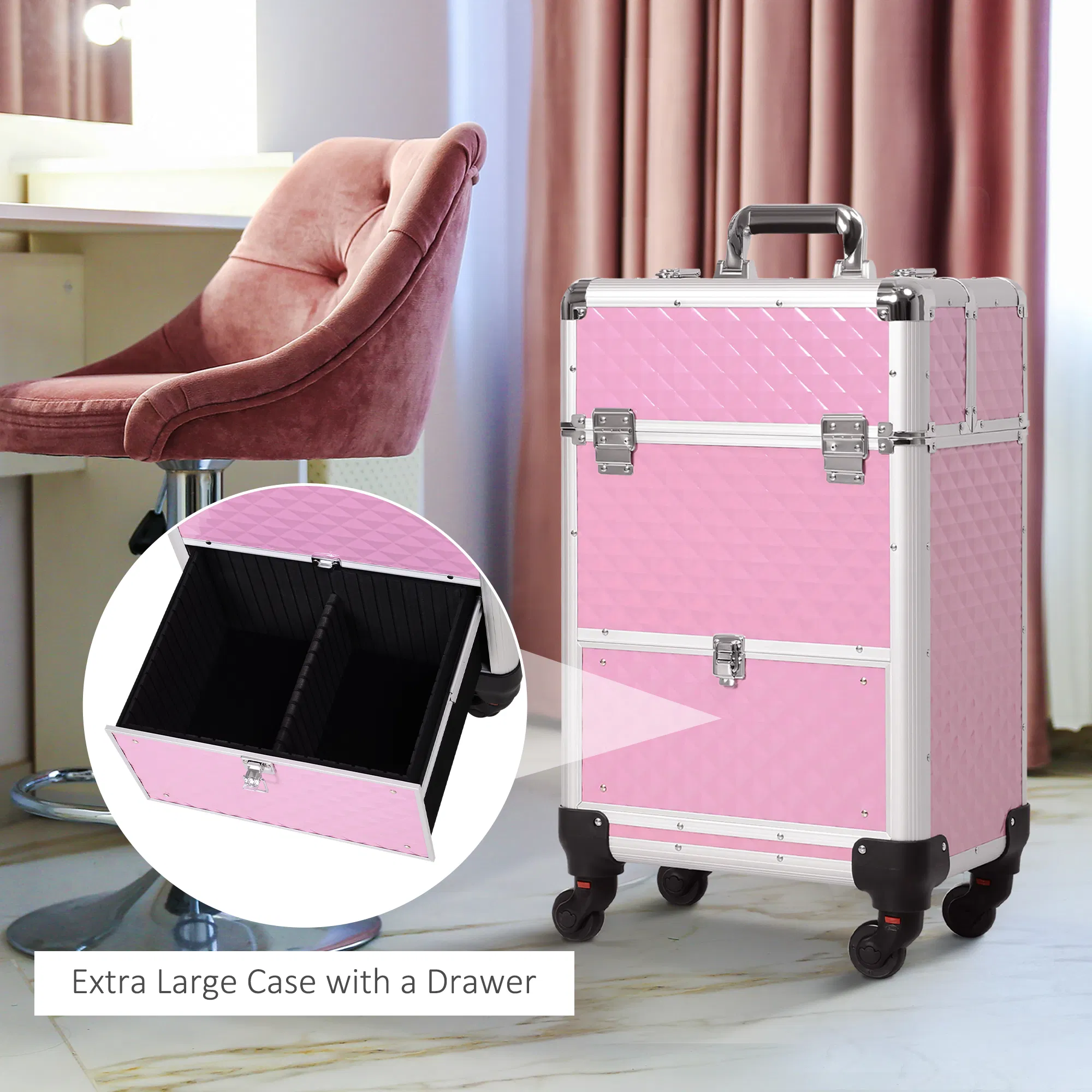 Makeup Train Case Portable Aluminum Rolling Cosmetic Organizer Trolley 4 Wheels Pink Salon Beauty Jewelry Storage photo 5