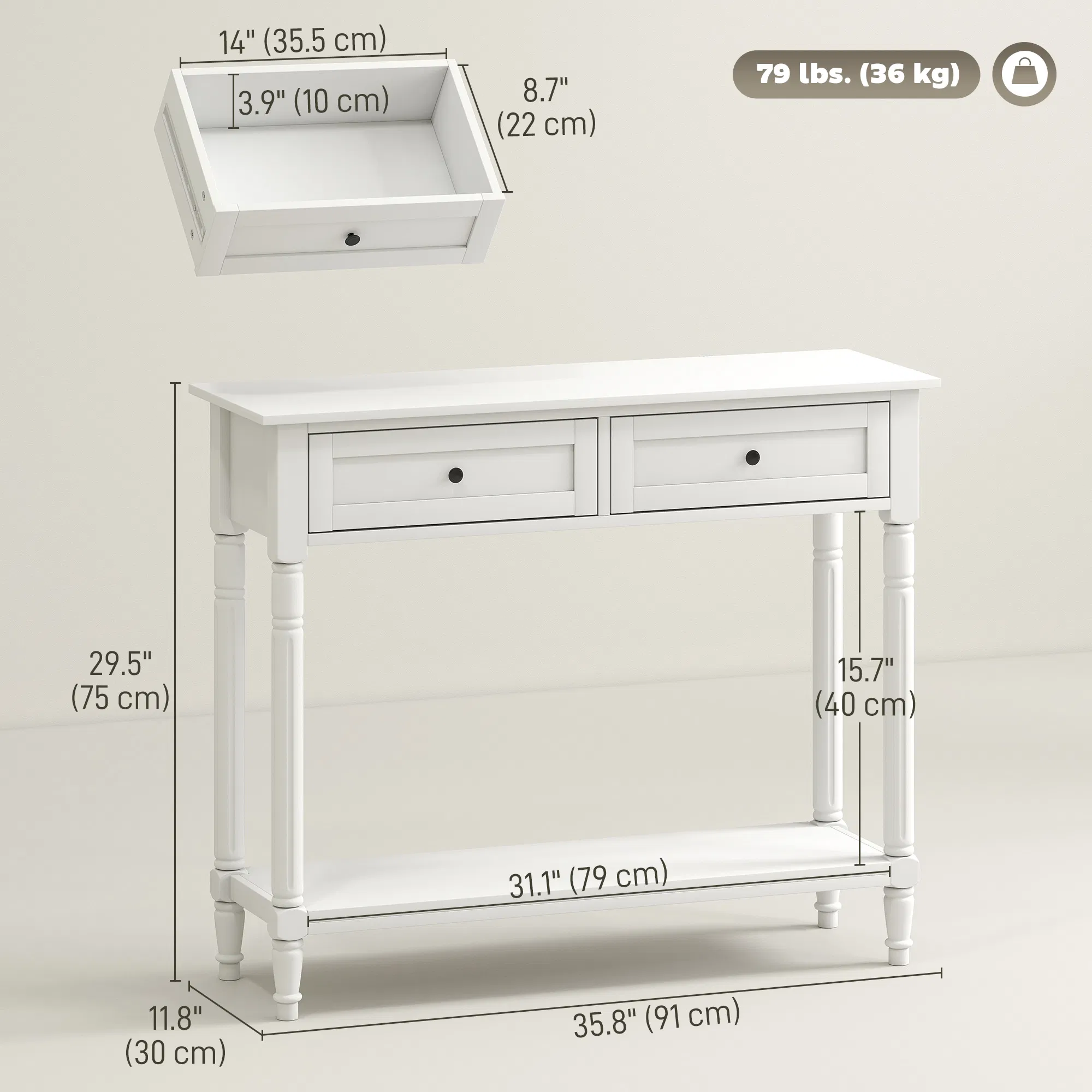 Hallway Console Table, Modern Entryway Table with 2 Drawers, Storage Shelf, Turned Legs for Living Room, Bedroom, White photo 3