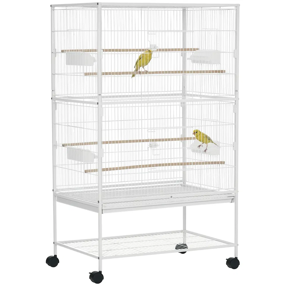 52" Large Rolling Steel Bird Cage Bird House with Rolling Stand, Storage Shelf, Wood Perch, Food Container, White photo 7