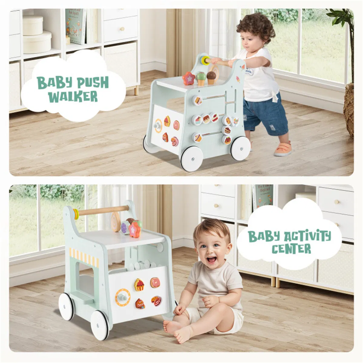 2-in-1 Baby Walker with 8 Fun Activities (Dessert Sorter/Adjustable Clock/Maze) + Side Shop Window (Role Play)-Light Green photo 6