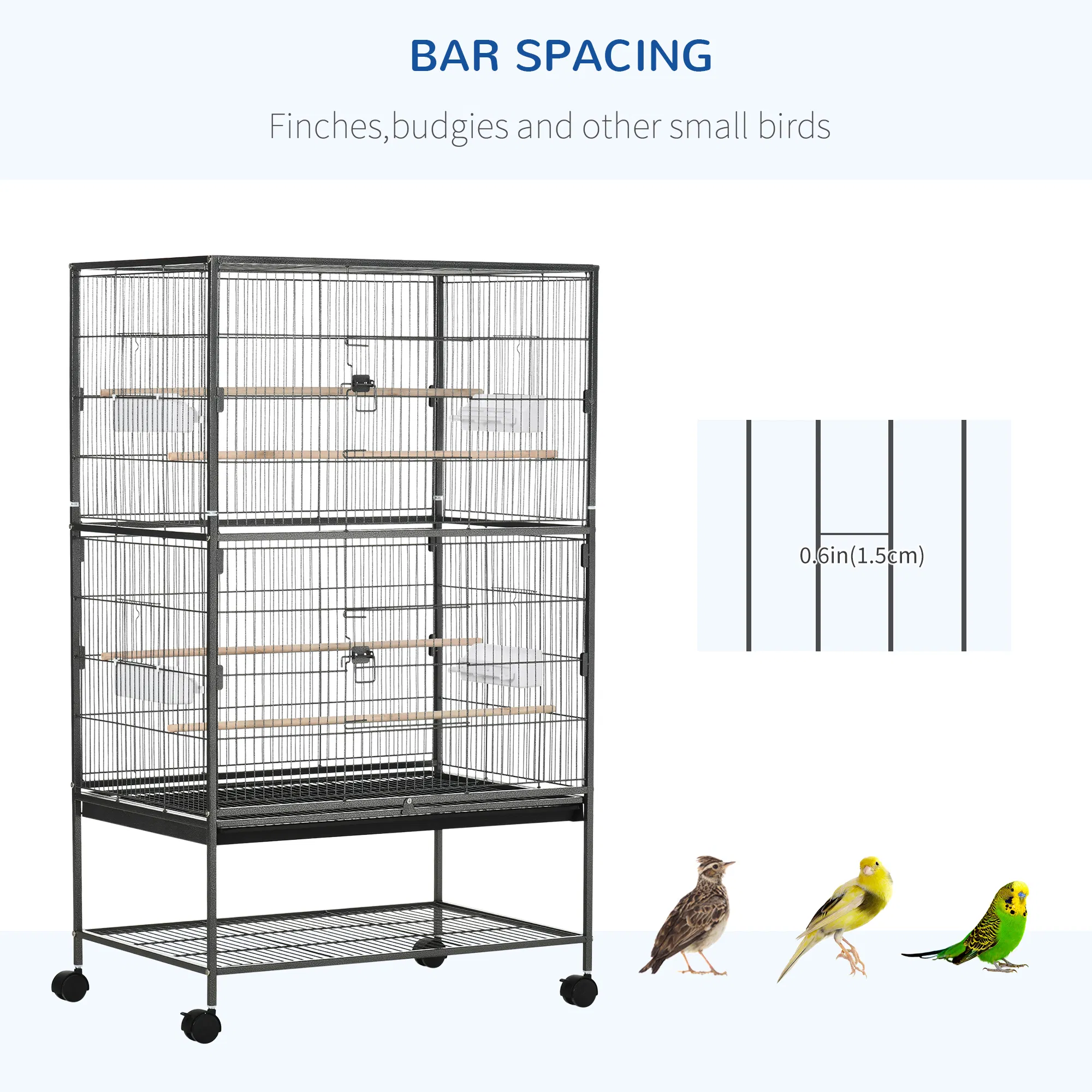 52'' Large Rolling Steel Bird Cage Bird House with Rolling Stand, Storage Shelf, Wood Perch, Food Container, Dark Grey photo 6