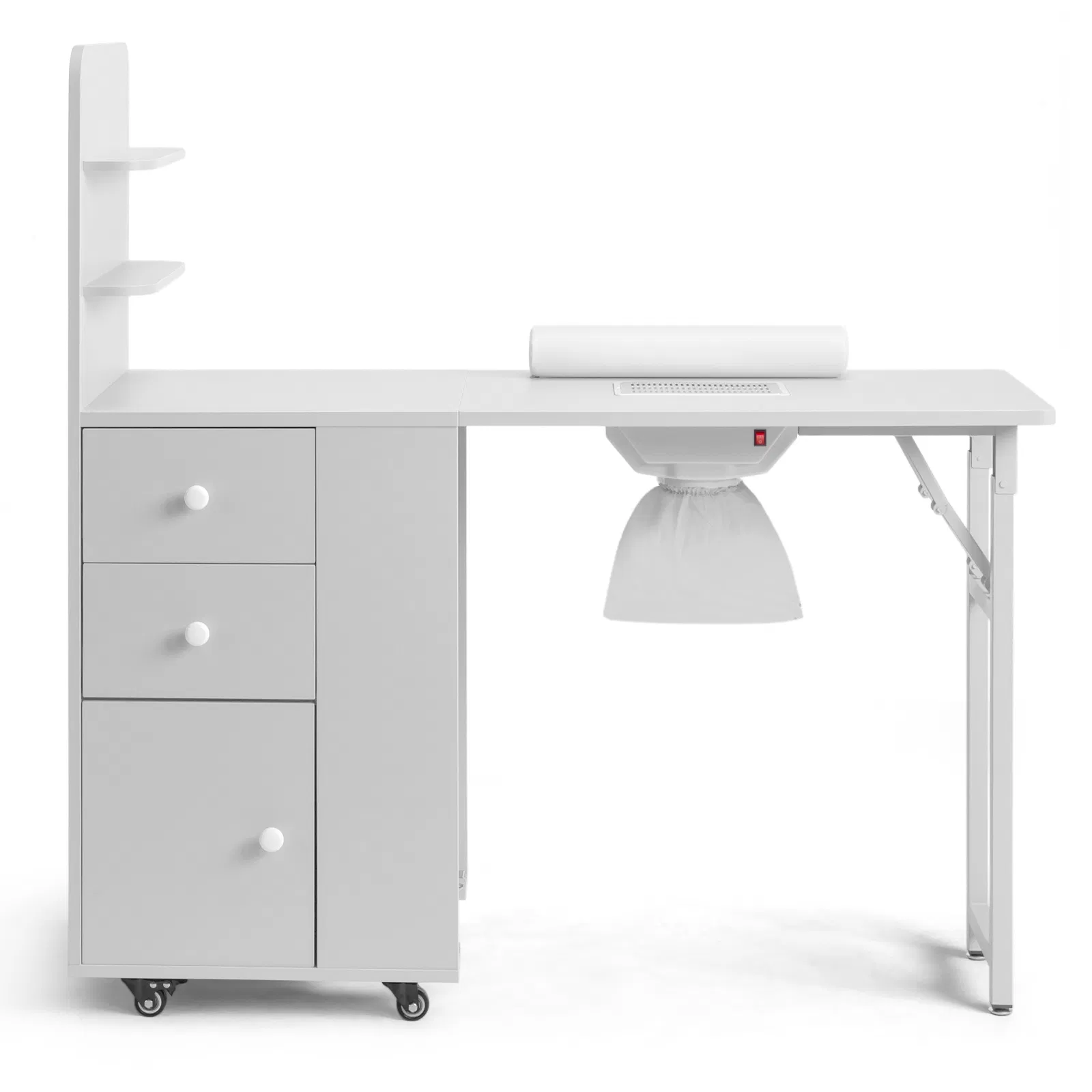 White MDF Folding Nail Desk with 2 Drawers, Cabinet Door & Storage Shelf photo 3
