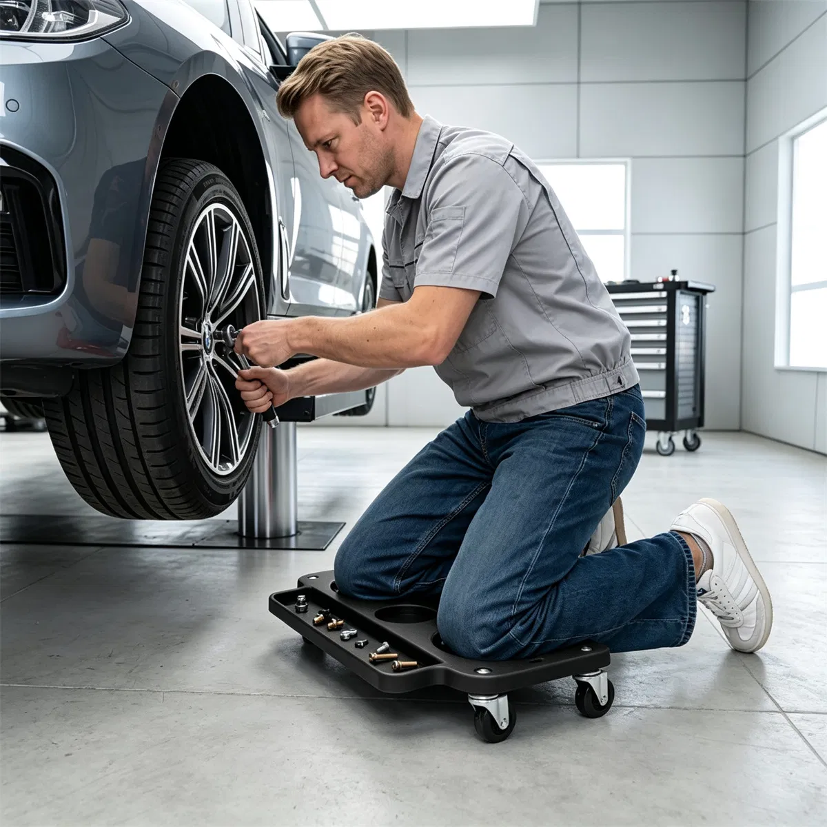 Black Rolling Knee Creeper with EVA Foam Cushioned Pads, 300 LBS Capacity Garage Knee Dolly with Magnetic & Long Tool Tray for Auto Repair Flooring Gardening Work photo 3