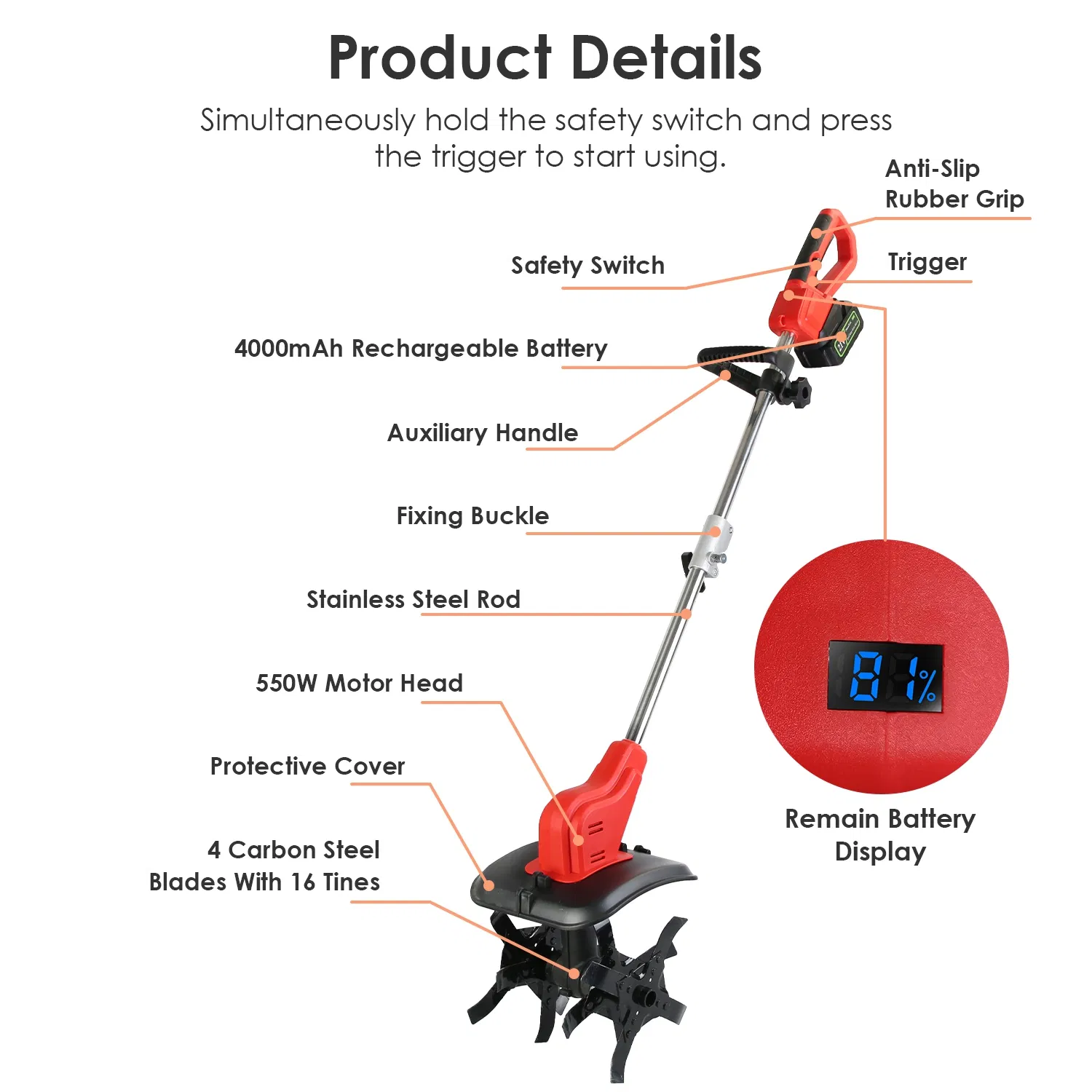 Portable Cordless Electric Tiller - 550W 300RPM Power, 16 Steel Tines, 4000mAh Battery , Safety Protection + Auxiliary Handle, Ideal for Lawn/Soil Preparation/Gardening photo 8