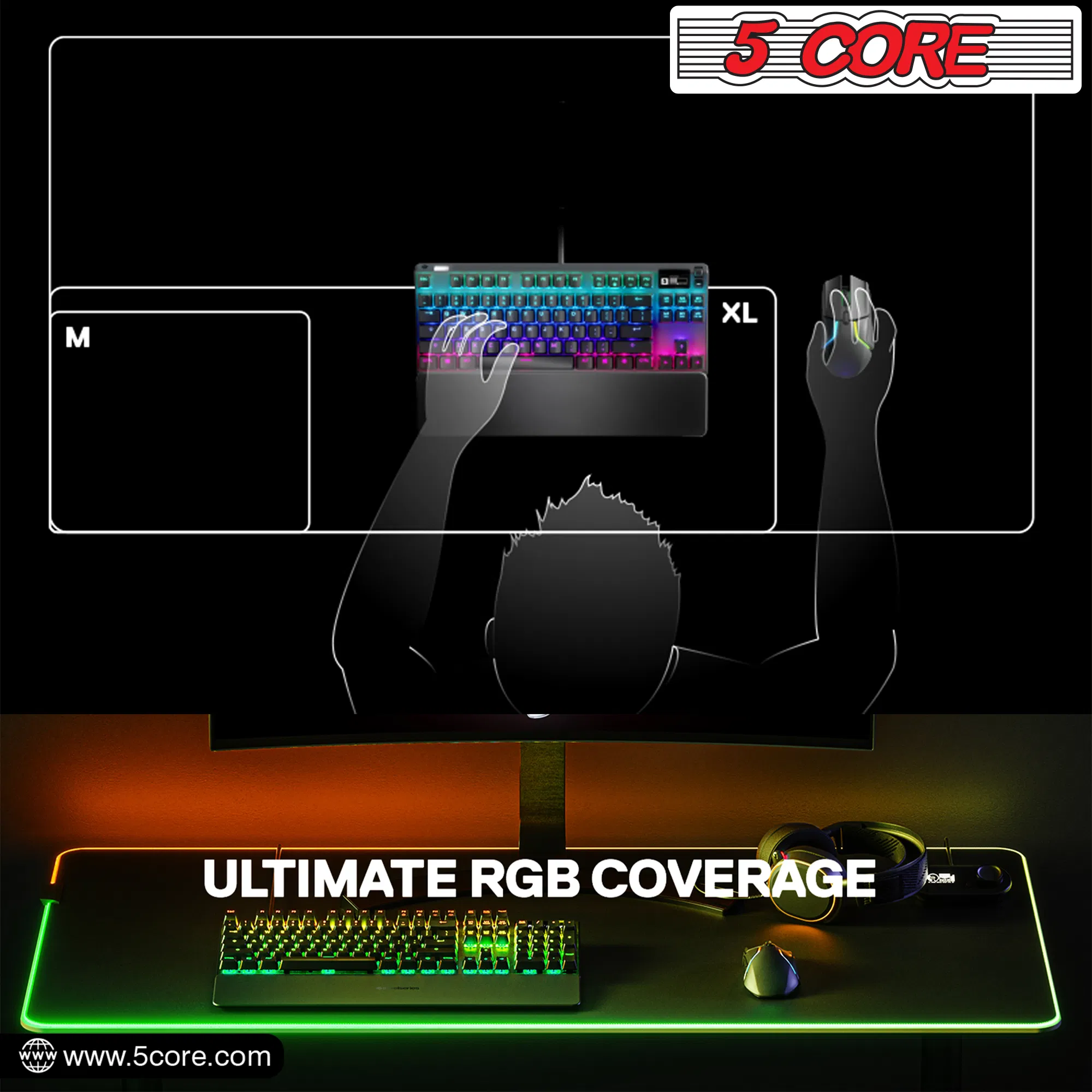 5Core Gaming Mouse Pad RGB 12 Light Modes 2 Zone Desk Mouse Mat w Rubber Base photo 7