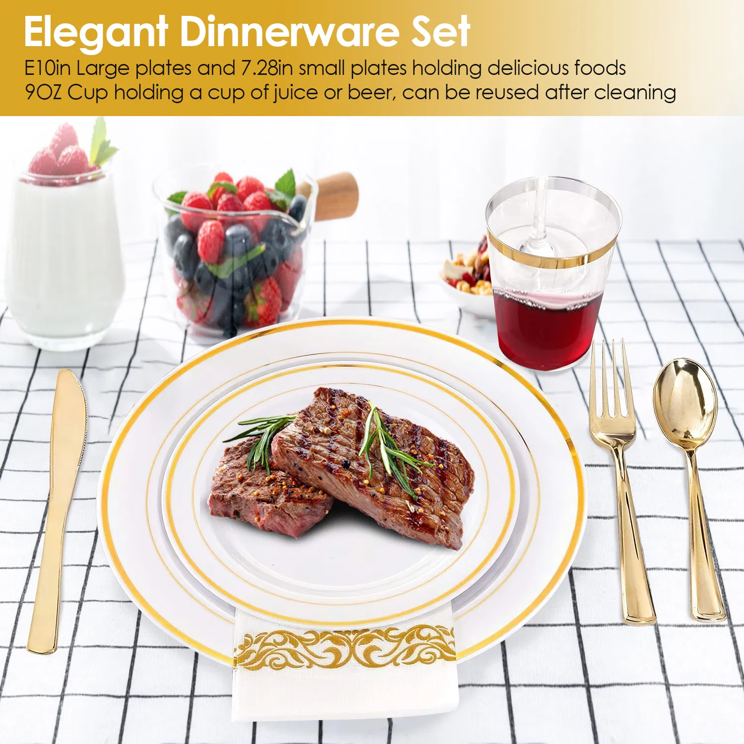 175PCS Disposable Gold Rim Dinnerware Set for 25 Guests - Premium Plastic Plates Cups Cutlery Napkins, Perfect for Wedding Birthday Halloween Christmas Catering Events photo 2