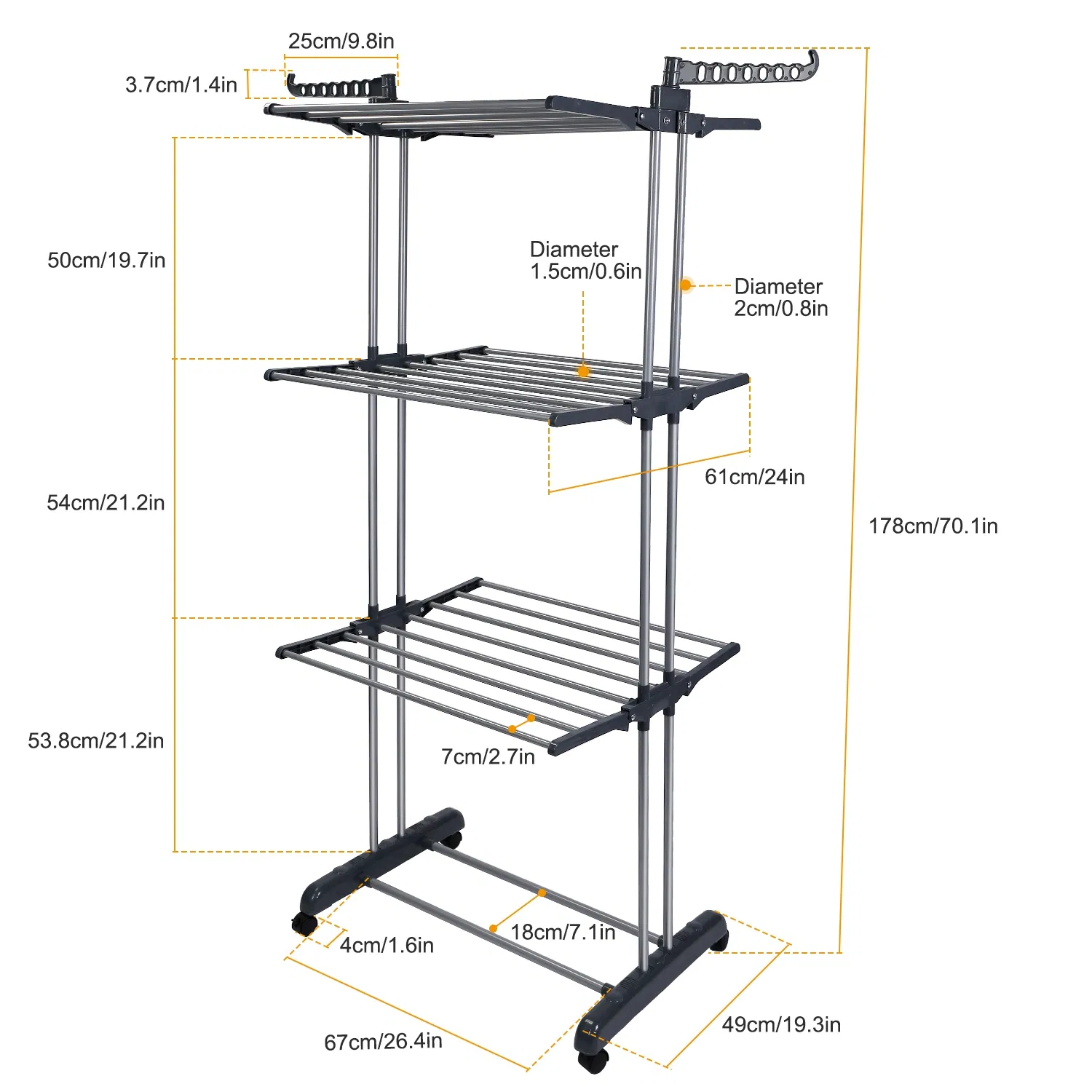 Clothes Drying Rack Rolling Collapsible Laundry Dryer Hanger Stand Rail Shelve Wardrobe Clothing Drying Racks w/ Dual Side Wings photo 5