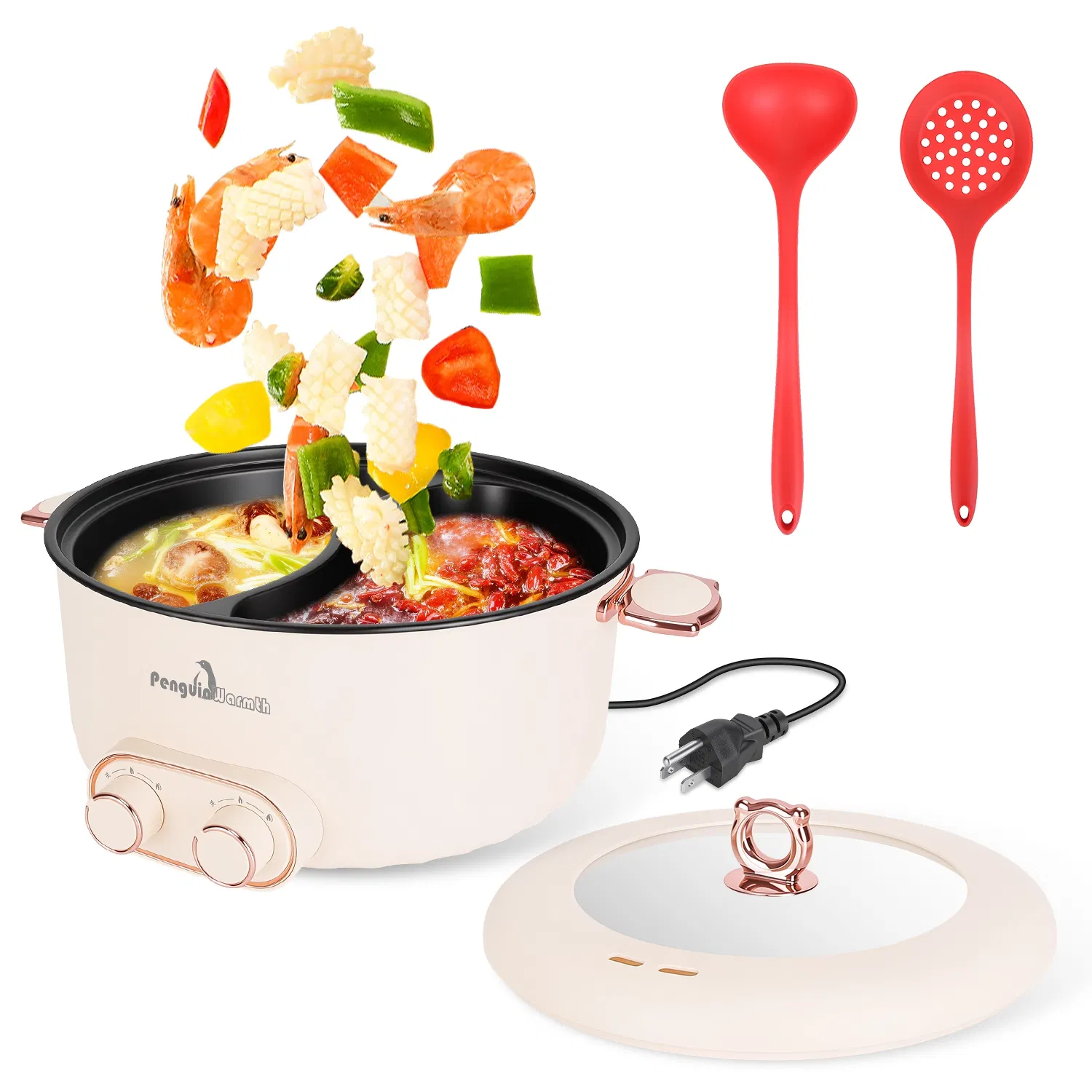 6L/1.59Gal Electric Hot Pot with Divider and Lid 2000W Stainless Steel with 2 Heat Settings Independent Control Overheat Protection Ladle & Slotted Spoon for Hot Pot Soup Noodles photo 6