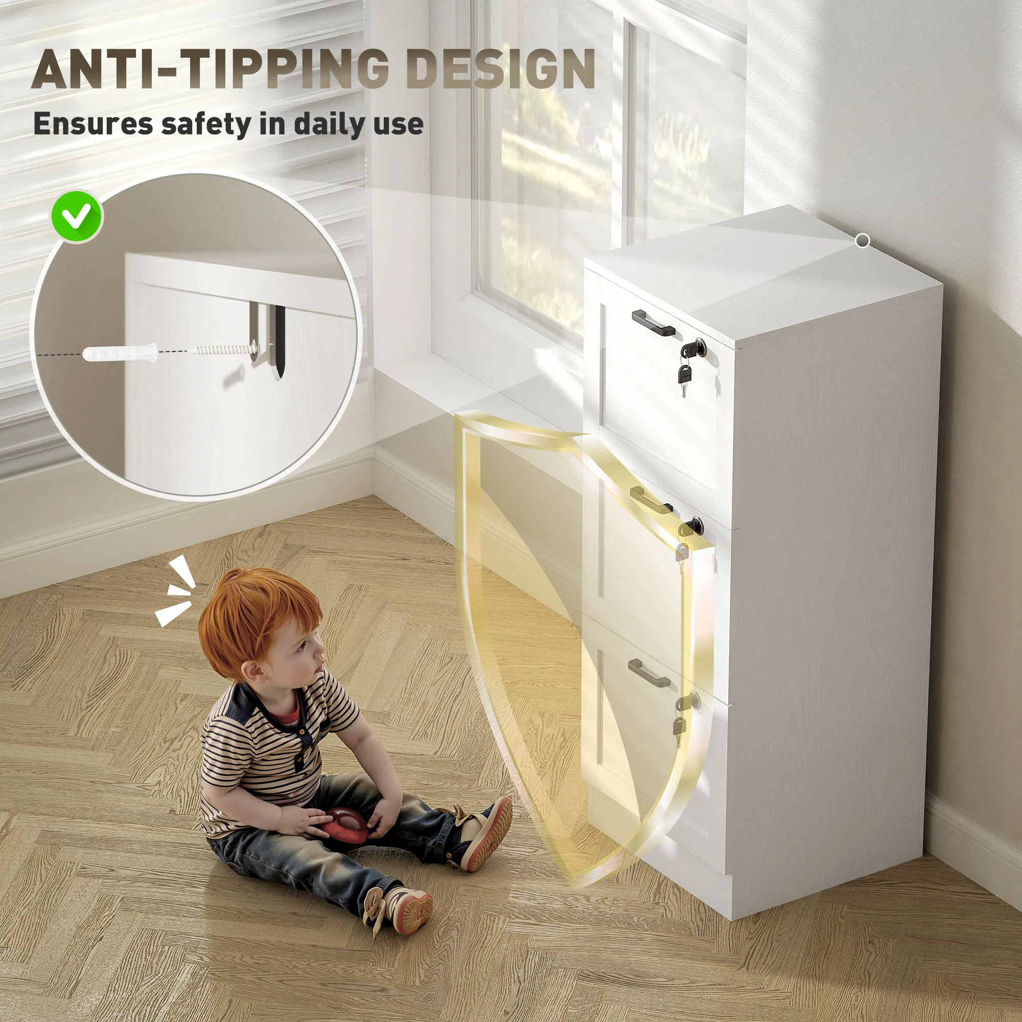 Vertical Filing Cabinet with 3 Drawers, Lock, File Cabinet for Home Office, A4 and Letter Size Files, White photo 4