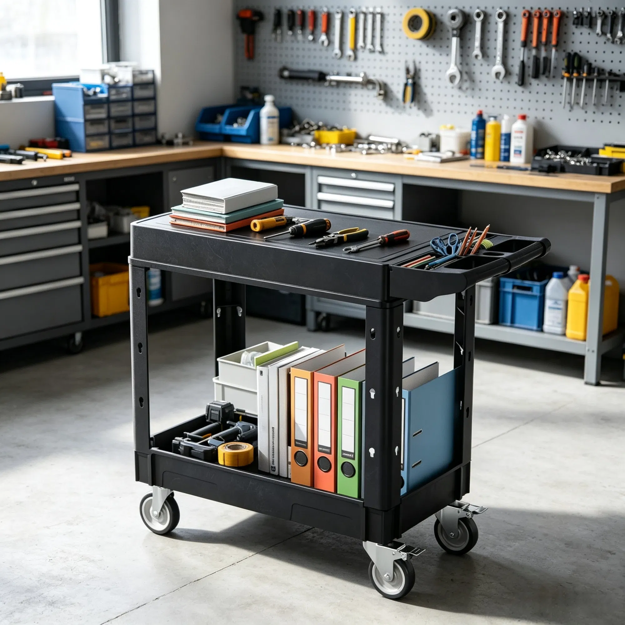 550 lbs Utility Cart, 31.3 x 17.7 Inch 2-Shelf Heavy Duty Plastic Service Cart with 360 Swivel Wheels (2 with Brakes), Suitable for Warehouse, Garage & Cleaning photo 6