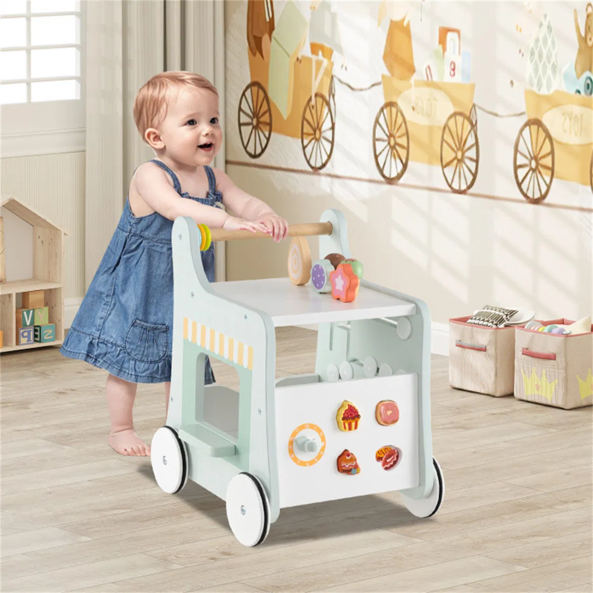 2-in-1 Baby Walker with 8 Fun Activities (Dessert Sorter/Adjustable Clock/Maze) + Side Shop Window (Role Play)-Light Green photo 2