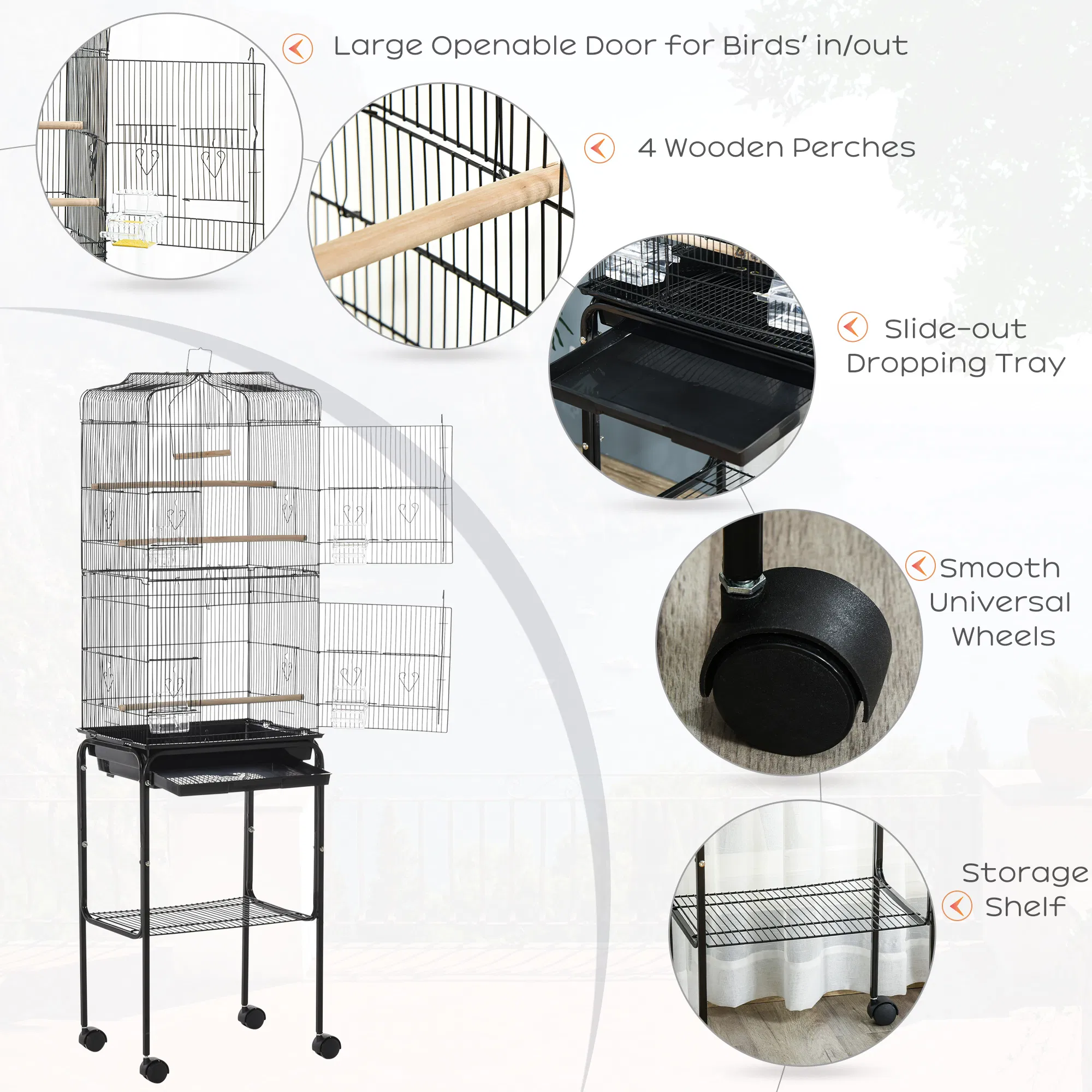 62" Rolling Bird Cage Cockatoo House Play Top Finch Pet Supply with Storage Shelf, Wheels - Black photo 2