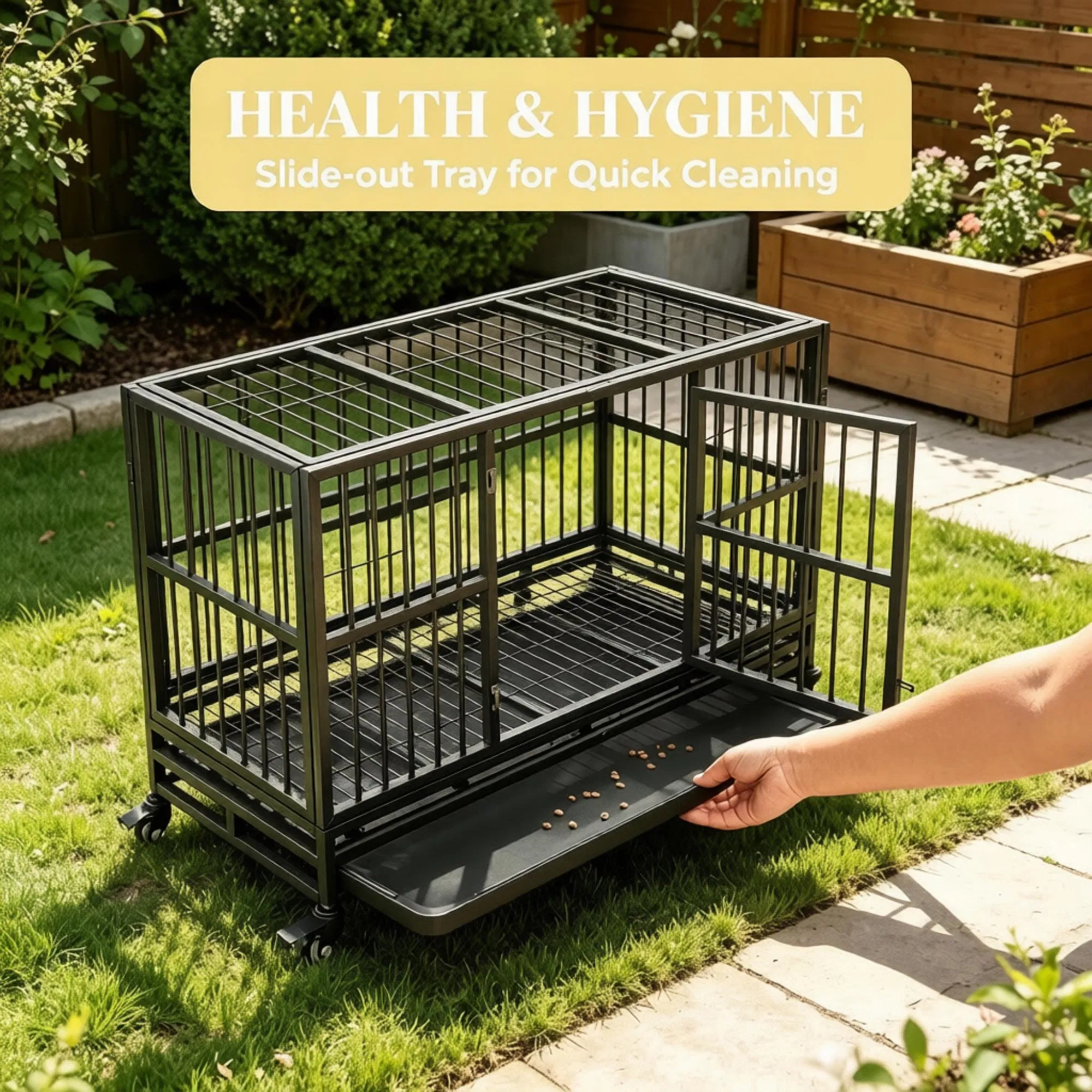 48" Heavy Duty Metal Dog Crate Kennel with Lockable Wheels Double Door Removable Tray Gray photo 3
