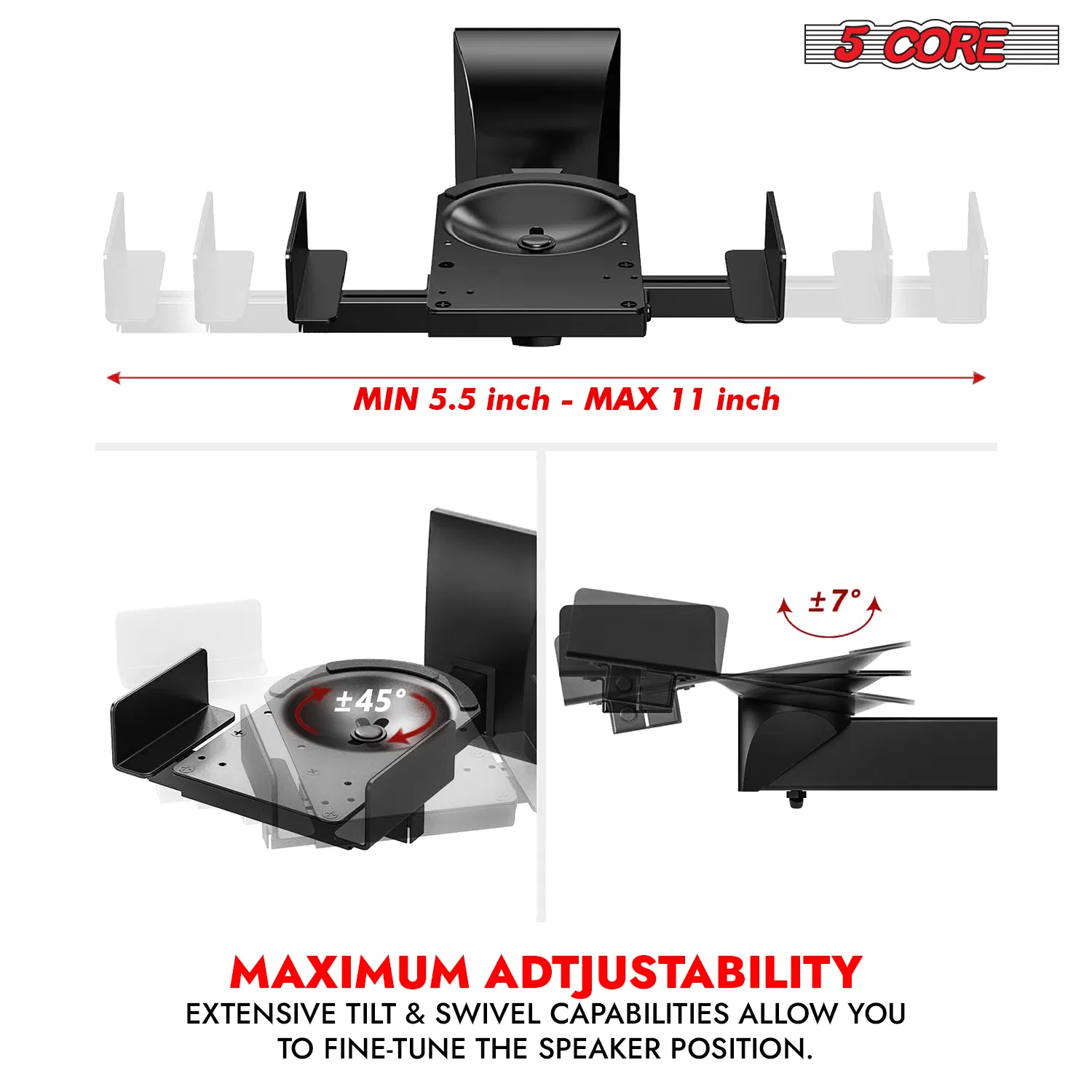 5 CORE Speaker Wall Ceiling Mount Stand 2Pcs Black Sturdy Speaker Mounting Bracket w Adjustable Swivel Tilt Retractable Telescopic Arm for Surround Sound Satellite Speakers photo 2