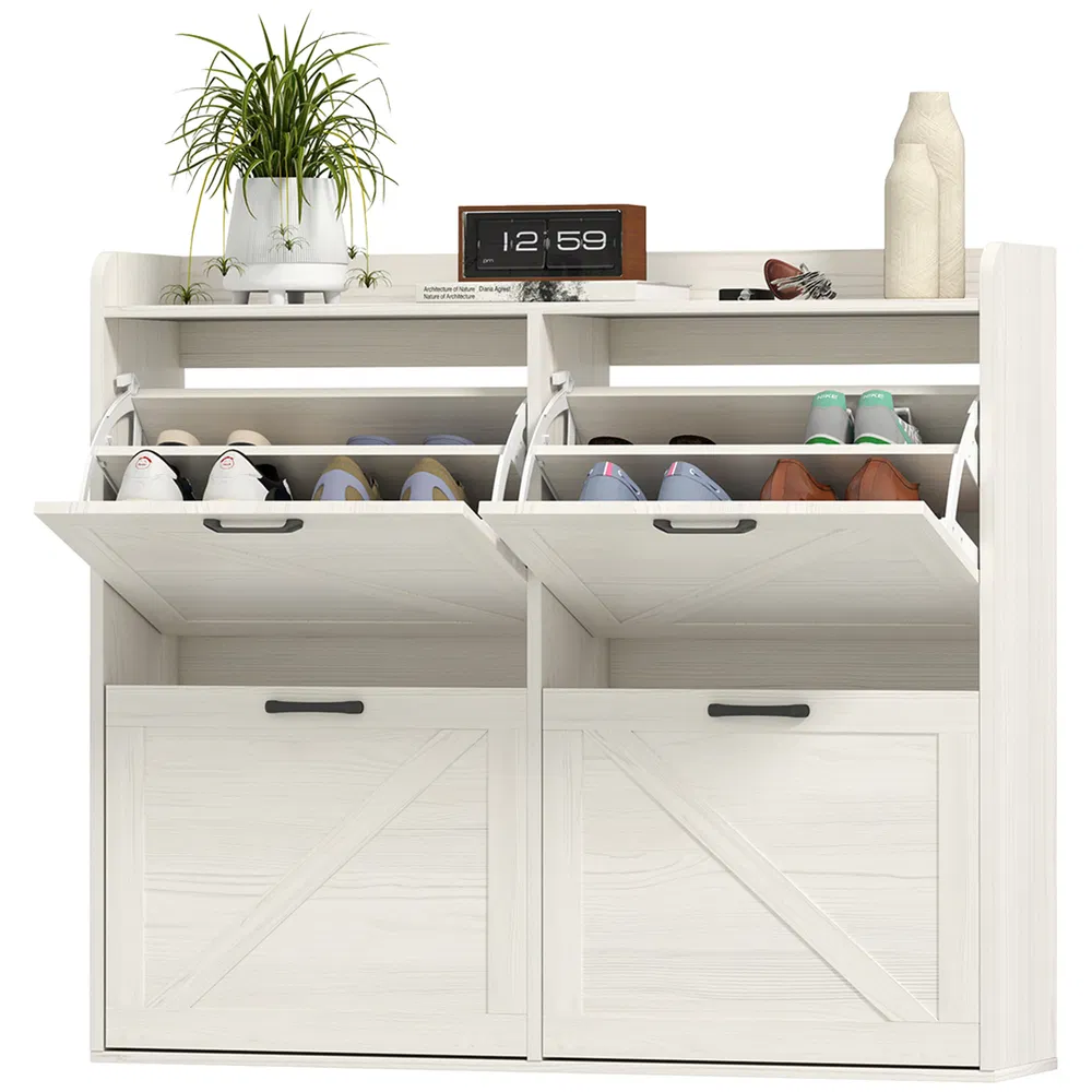 Narrow Shoe Storage Cabinet with 4 Flip Drawers, Adjustable Shelves, 16 Pair Farmhouse Shoe Cabinet, White Oak photo 7