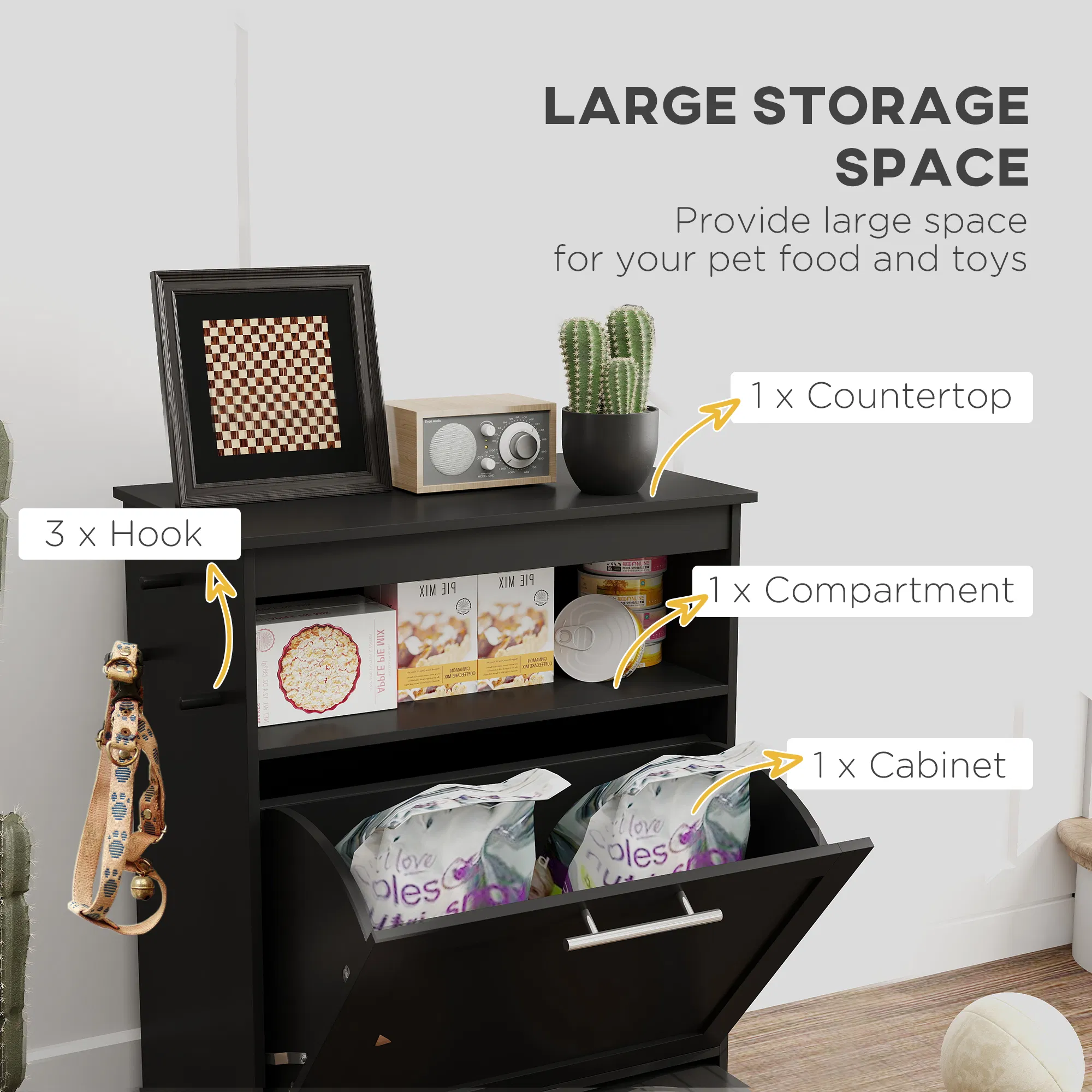 Pet Feeder Station Storage Cabinet, Dog Food Storage Container with Dog Raised Bowls, Watering Supplies, Black photo 3
