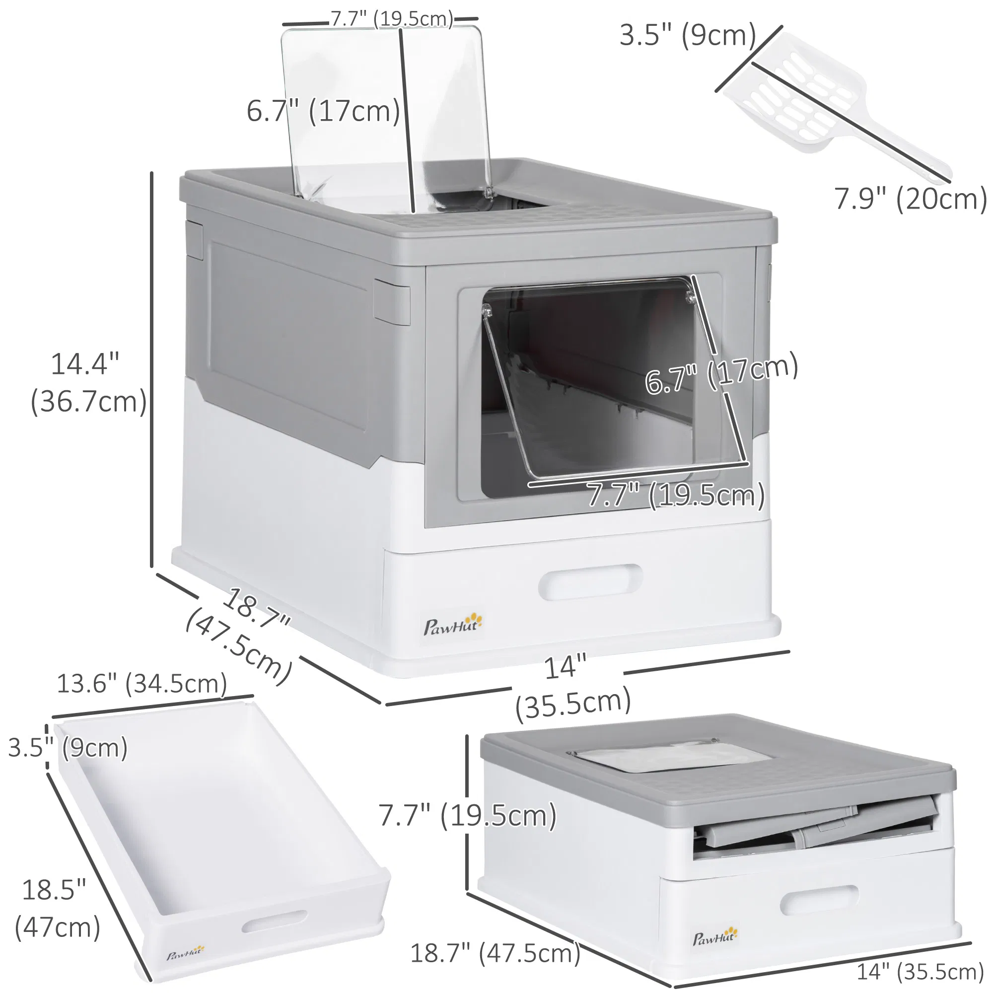 Top Entry Enclosed Kitty Litter Box with Scoop, Tray, Front Entry, Large Space, Foldable, Portable, Grey photo 2