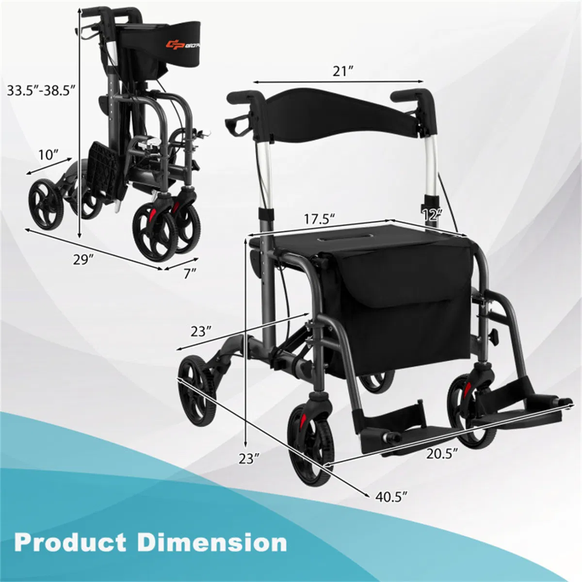 Foldable Rollator Walker with 8" Wheels Handbrake Storage Bag Cane Holder for Seniors & Rehabilitation Black photo 5