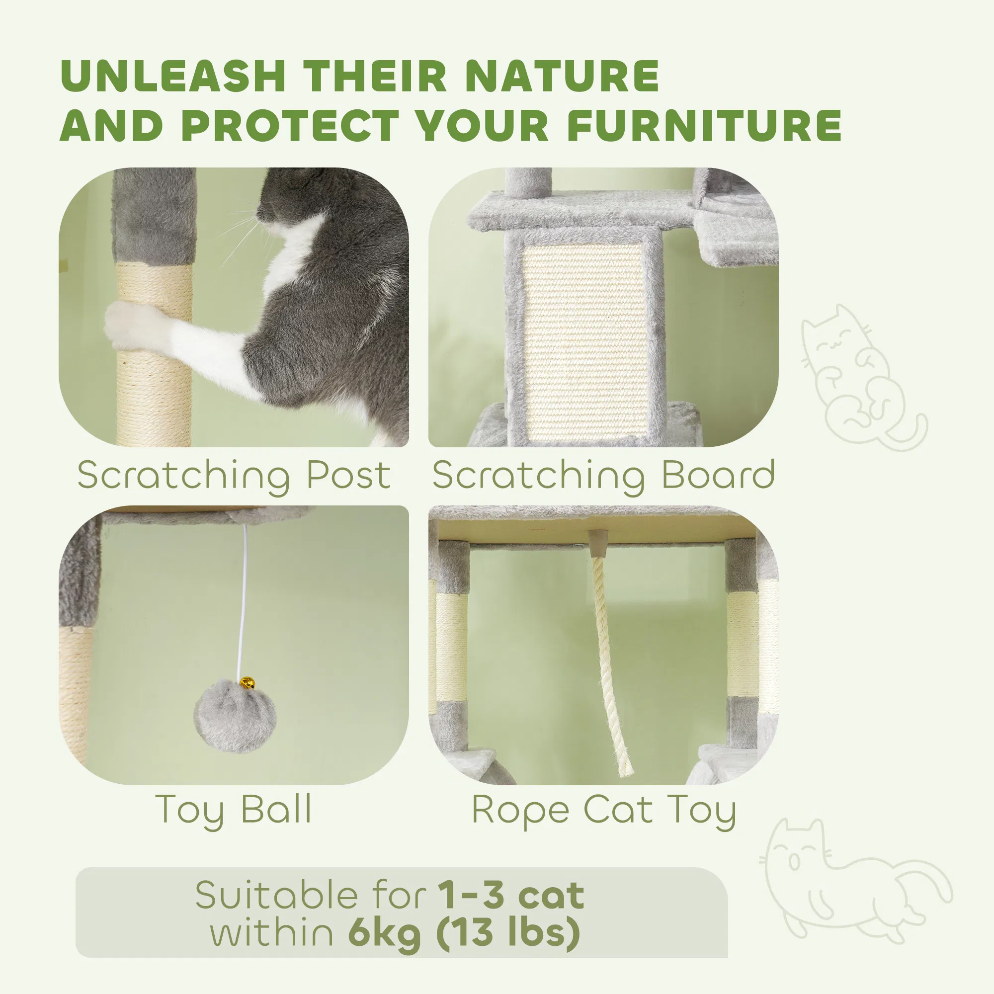 81" Large Cat Tree w/ Scratching Posts, Condos, Beds, Hammocks, Jumping Platforms, Toy Balls, Rope Cat Toy, Light Grey photo 4