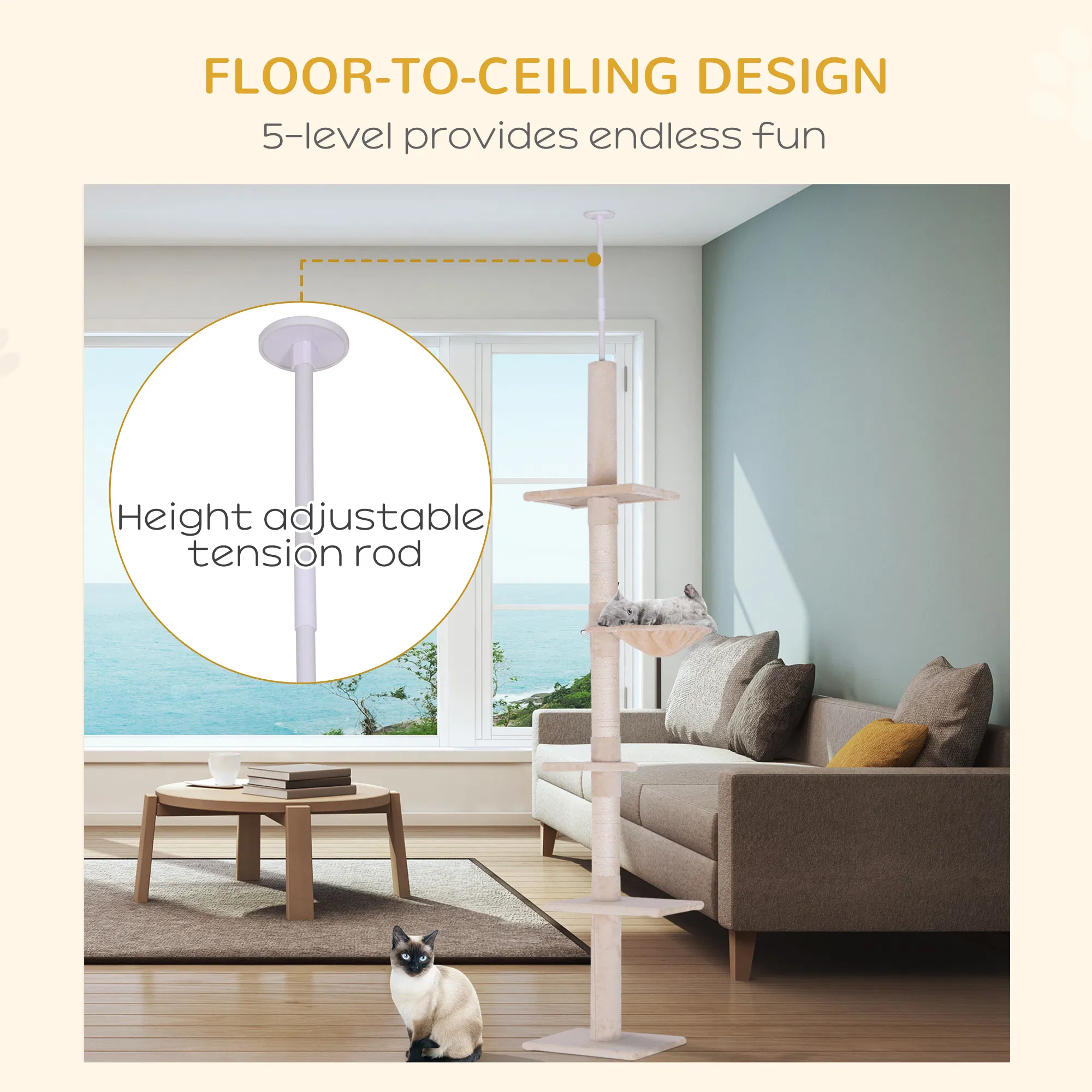 8.5ft Cat Climbing Tree 5-Tier Kitty Activity Center with Scratching Post Beige photo 4
