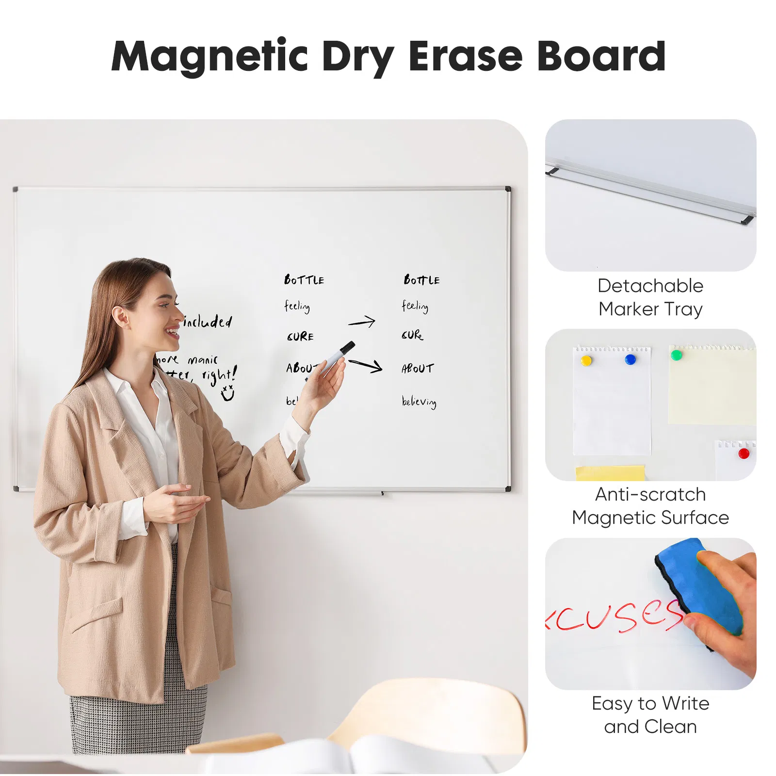 Magnetic Dry Erase Board, 36 X 24 Inches White Board for Home Office School,Sliver Reinforced Aluminum Frame photo 3