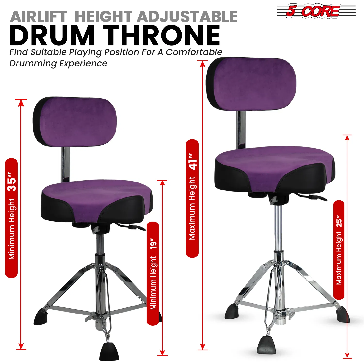 5 Core Drum Throne w Backrest 4" Padded Stool Airlift 25" Adjustable Drummer Stool 441Lb Capacity photo 2