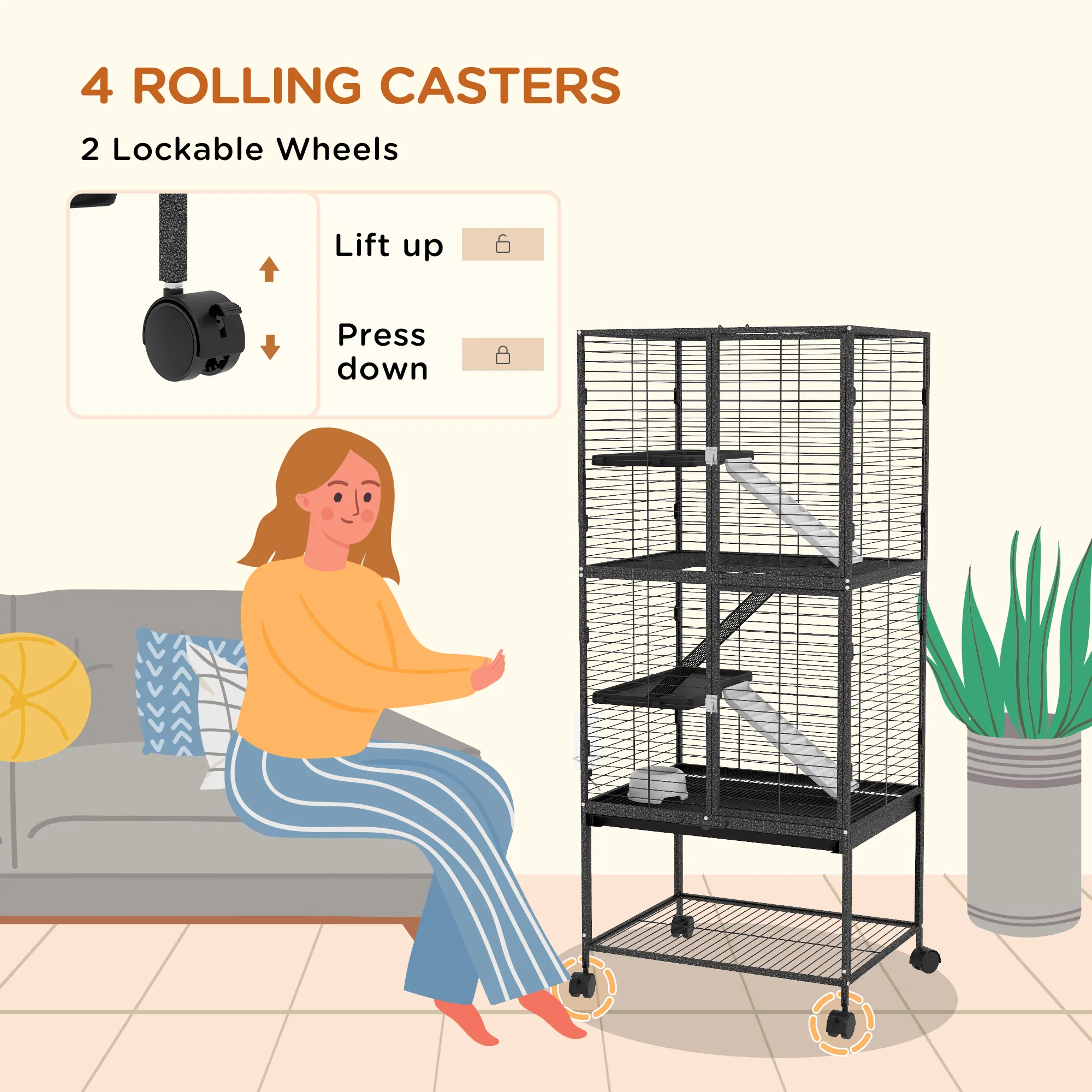 Rolling Small Animal Cage 53.5"H Chinchilla Cage for Ferrets, Squirrels w/ Removable Tray, Storage Shelf, Dark Grey photo 4