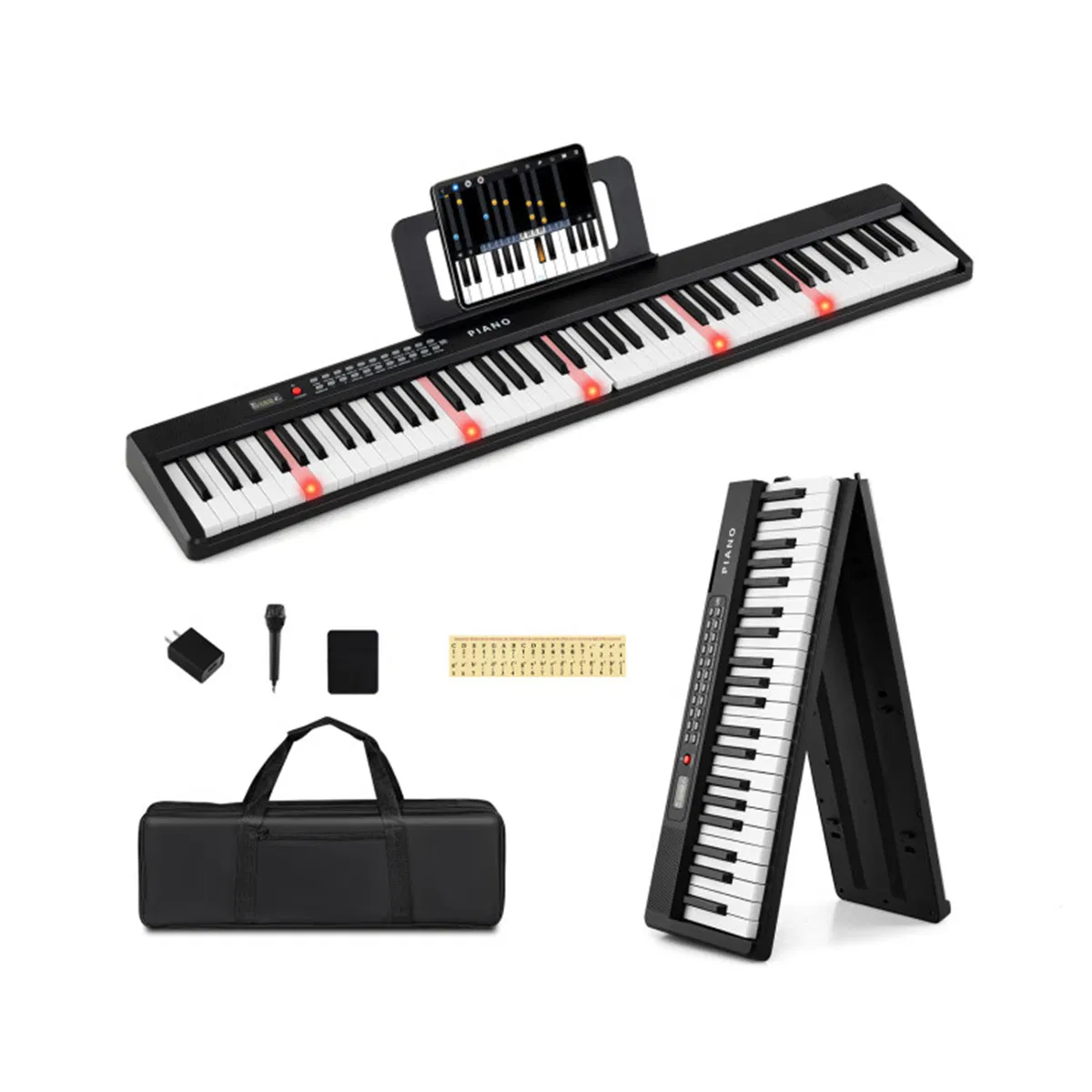 88-Key Semi-Weighted Foldable Digital Piano, 128.27×22.86×5.08 cm Light-Up Keys Keyboard with 3 Teaching Modes for Beginners, Black & White photo 1