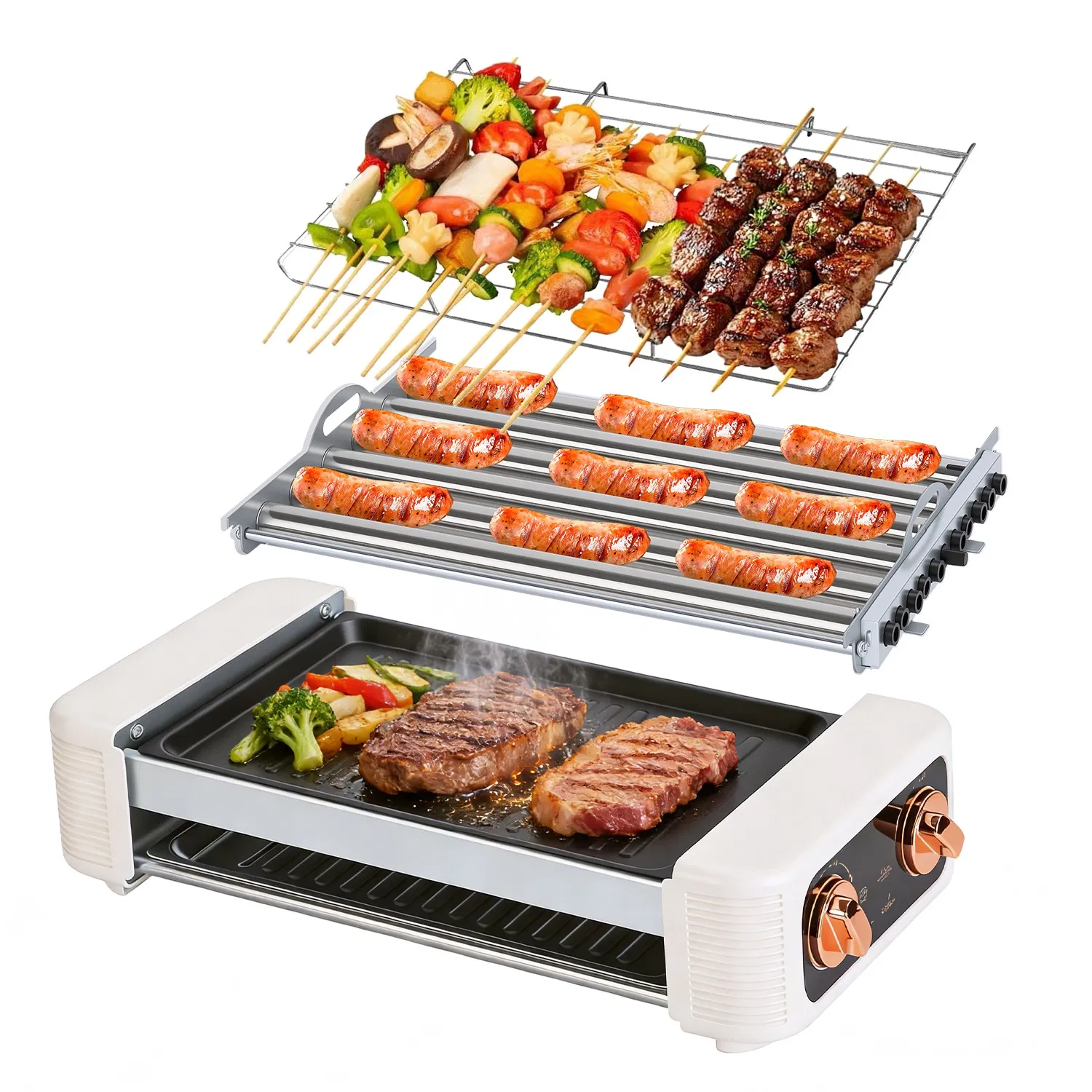 3 In 1 Electric Hot Dog Roller Machine with Grill & Griddle 6-Roller Hot Dog Cooker Smokeless Non-Stick Indoor Outdoor with 3 Temp Levels for BBQ Sausages Skewers Burgers Vegetables photo 5
