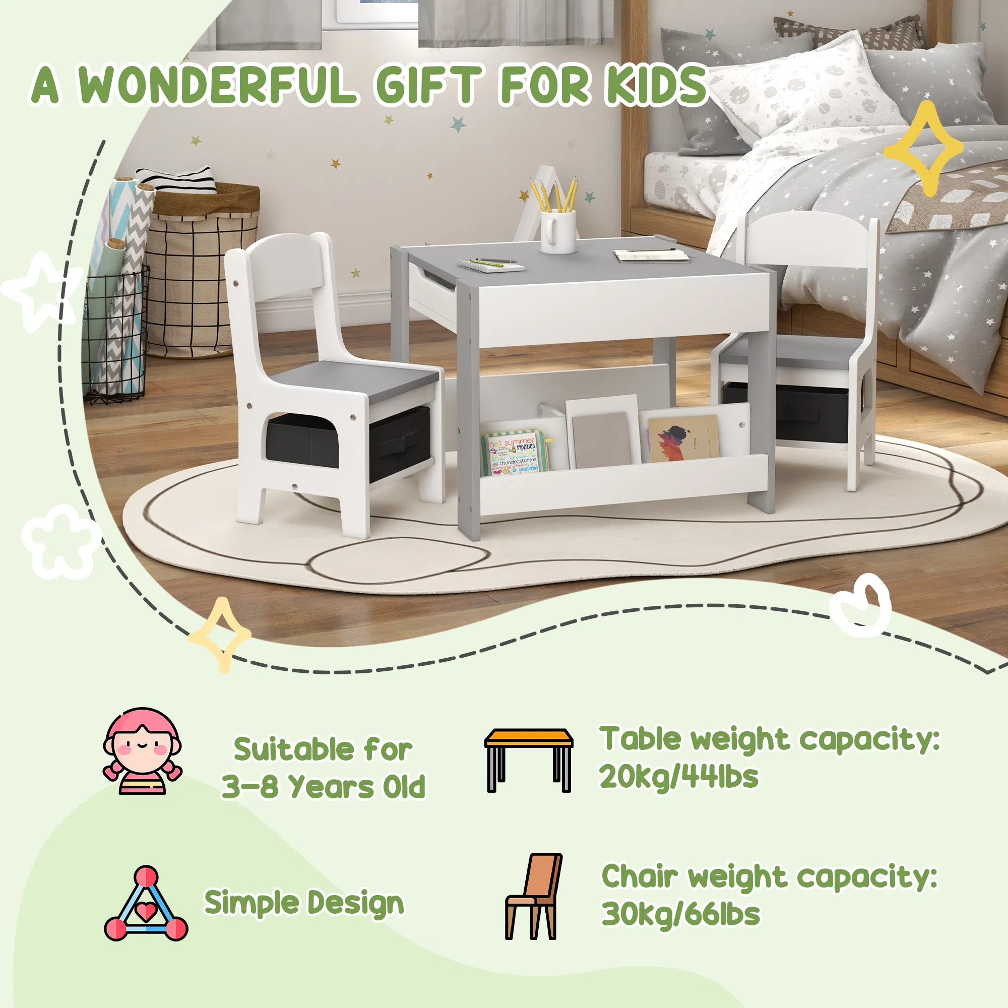 3 Piece Kids Table and Chair Set with Reversible Tabletop, Blackboard, Storage, Bookshelf, for Playroom, Nursery, Grey photo 4