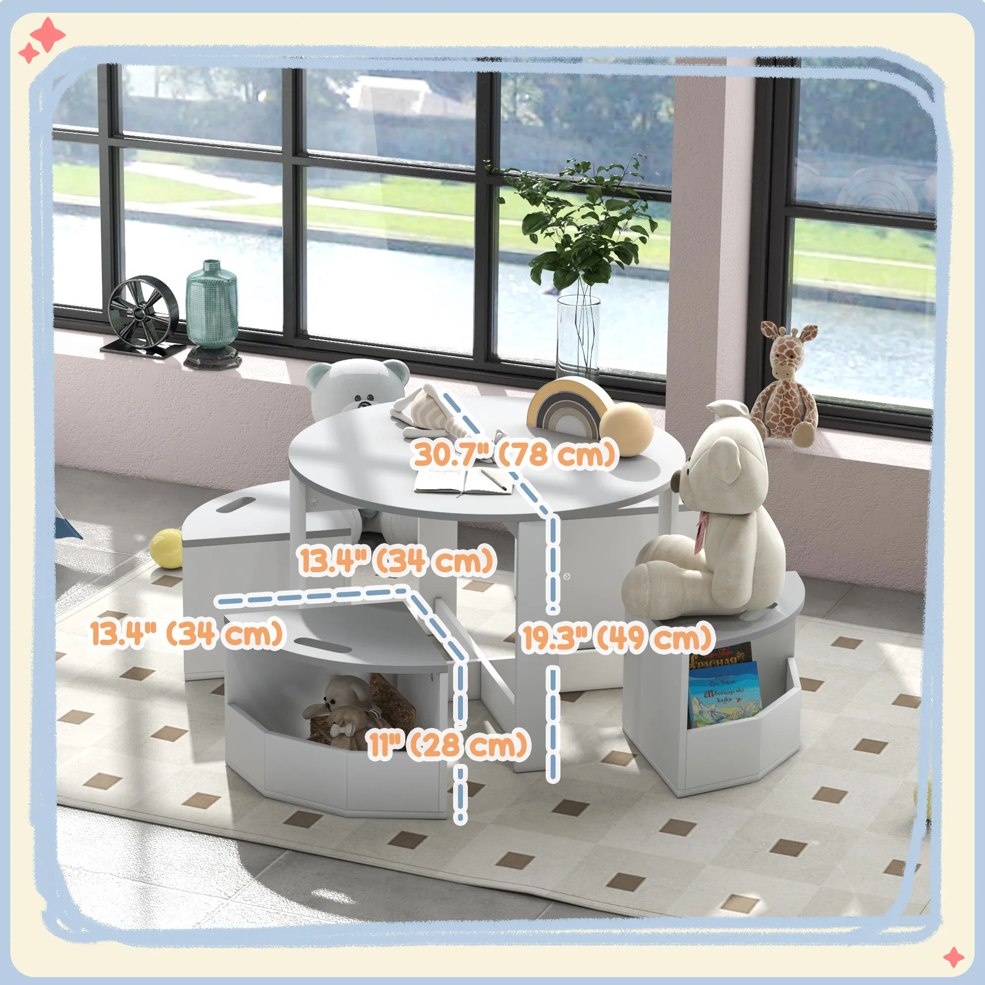 5 Piece Kids Table and Chair Set with Storage for Kids Room, Grey photo 2