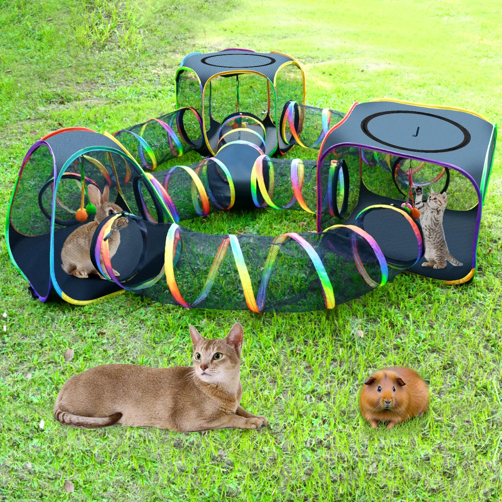 Portable Cat Enclosure - 7-in-1 Outdoor Catio with Tent & Tunnel, Foldable Playpen for Indoor Cats, Includes Storage Bag for Cats & Small Animals Rainbow Color photo 3