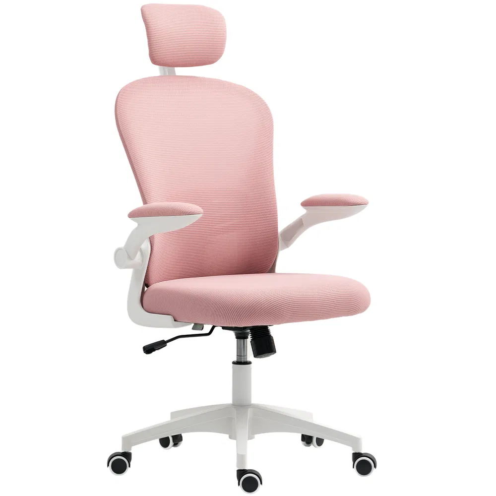Office Chair, Mesh Computer Desk Chair with Adjustable Headrest, 4D Lumbar Support, Flip-up Arm, Pink photo 7