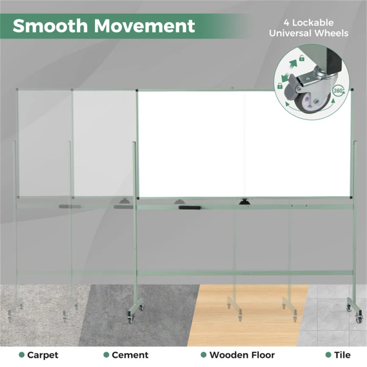 360° Rotating Double-Sided Magnetic Whiteboard, 182.88×91.44cm Writing Surface Mobile Dry Erase Board with Casters, Green photo 8