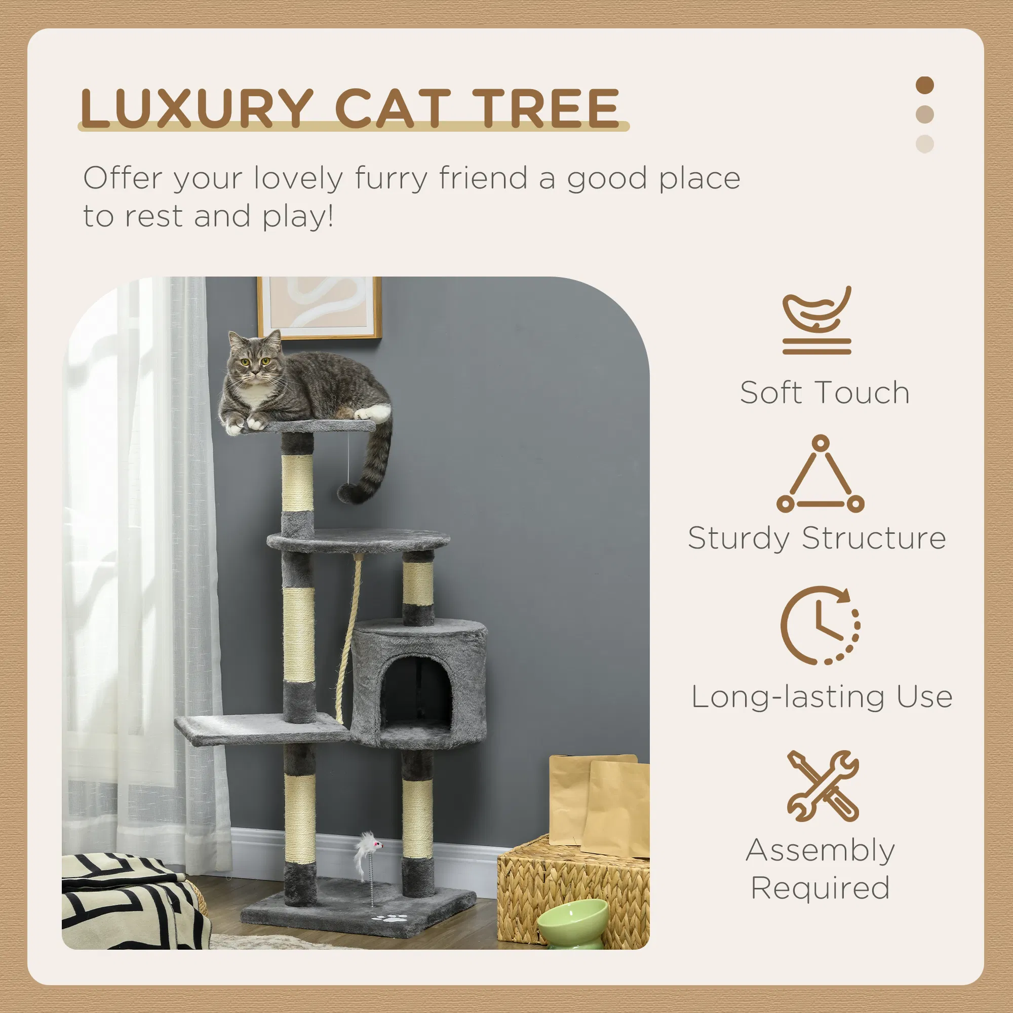 46Inch Scratching Cat Tree, Multi Level Cat Tower for Large Cats Adult with Toys and Condo, Grey photo 3