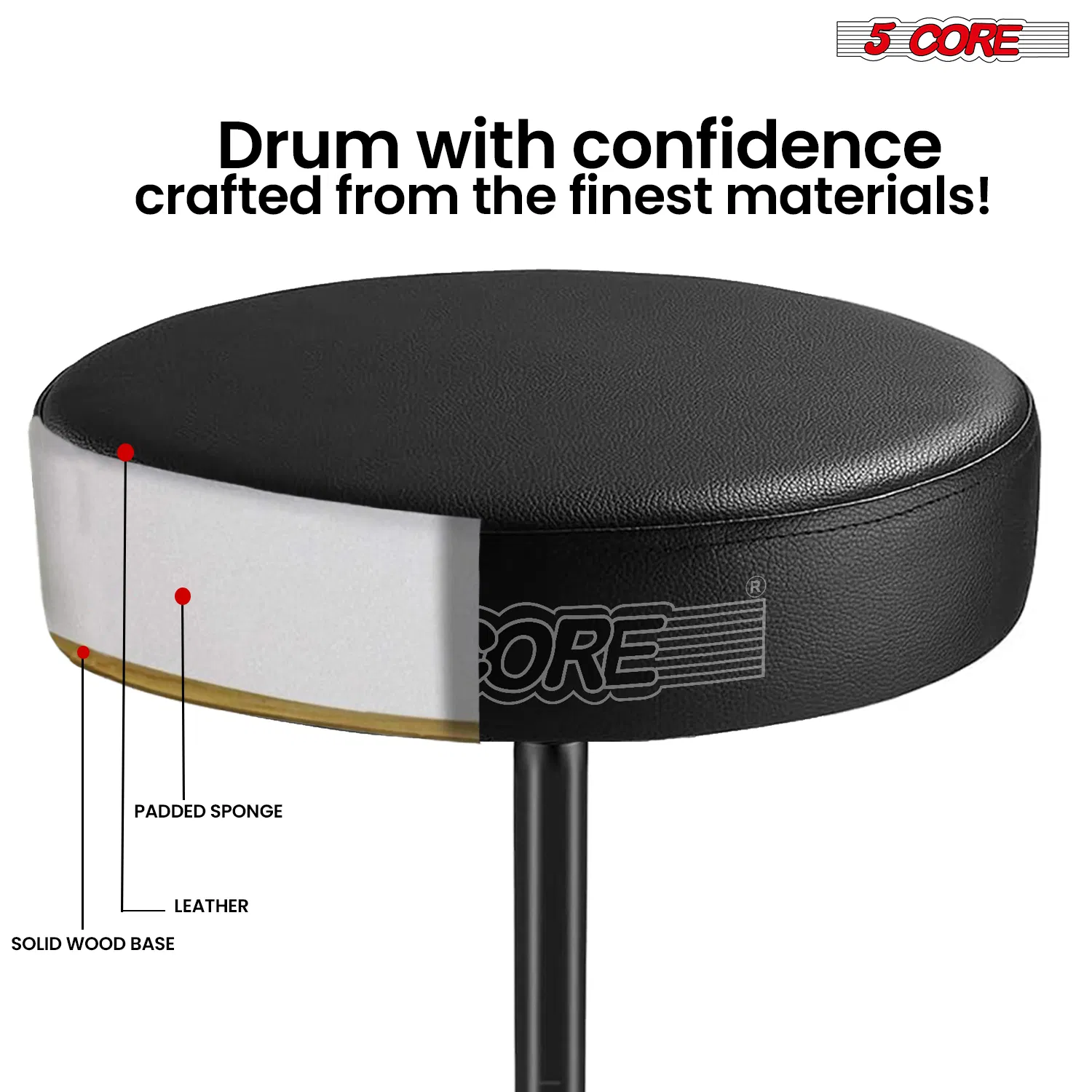 5 Core Drum Throne 3" Thick Padded Memory Foam Comfortable Drummer Stool 330Lb Capacity Adjustable photo 5