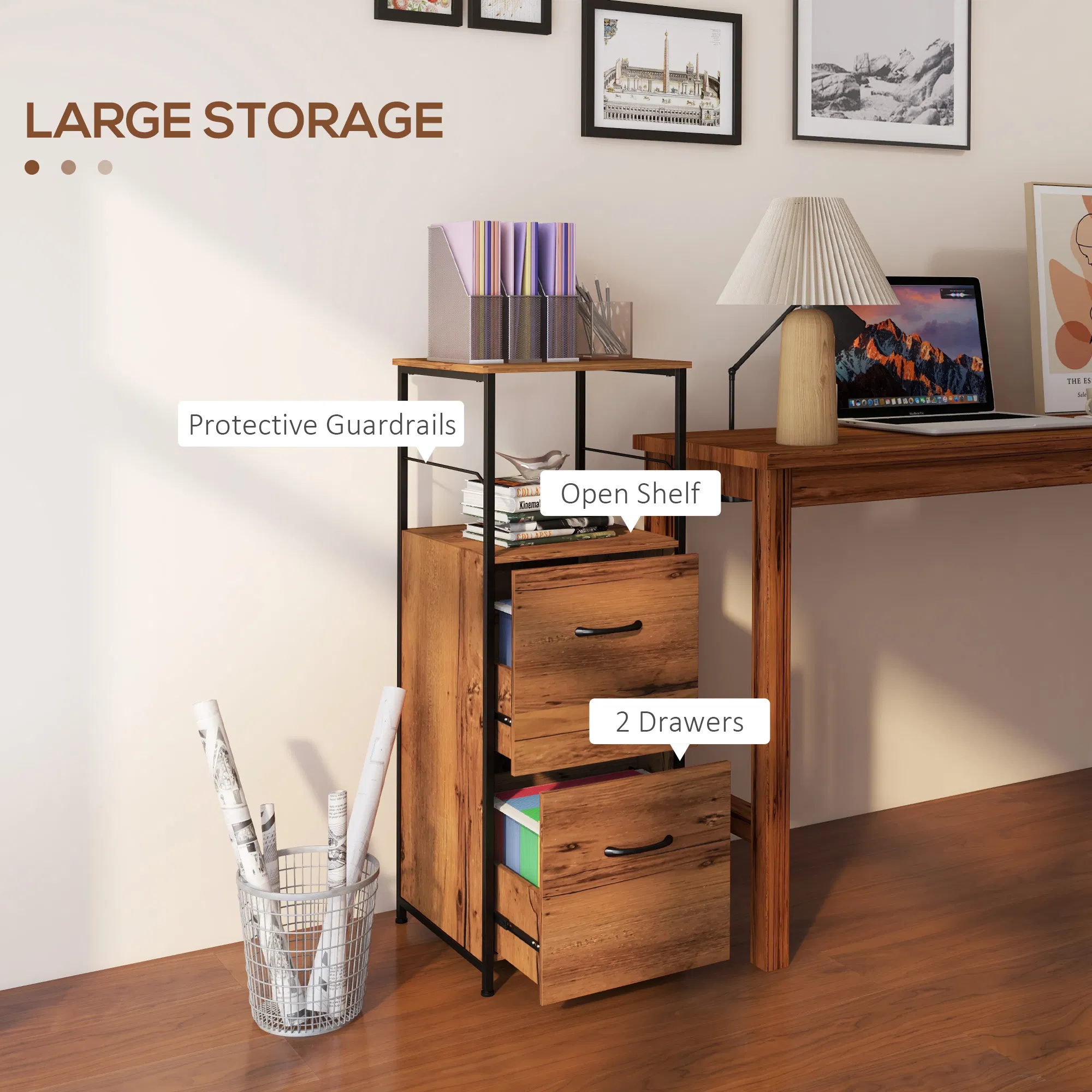 Vertical Filing Cabinet, Tall File Cabinet with 2 Drawers, Hanging Bars for Letter and A4 Size, Rustic Brown photo 3