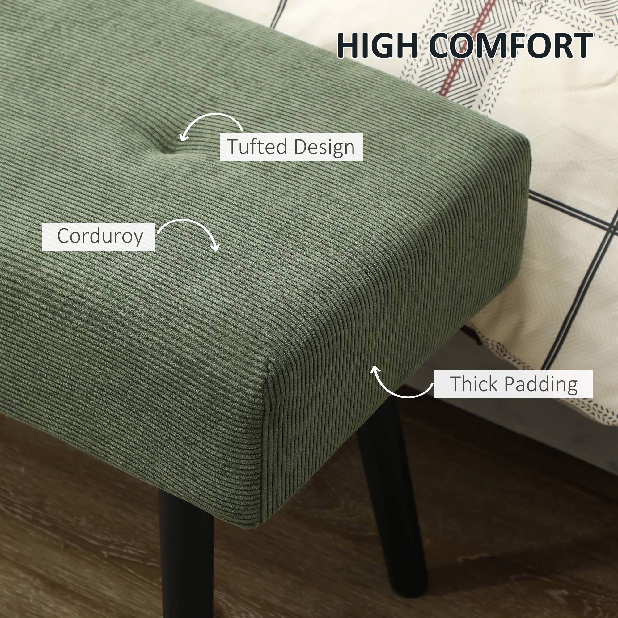 39" Upholstered Ottoman Bench, Corduroy Entryway Bedroom Bench with Padded Seat and Steel Legs for Bedroom, Green photo 4
