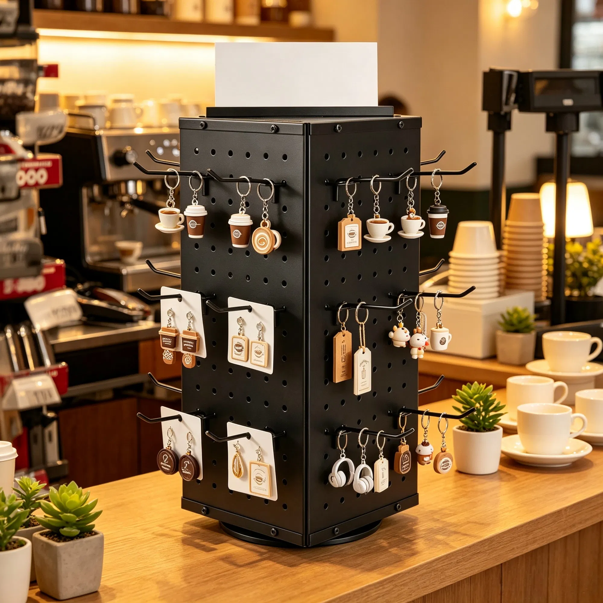7.4 x 7.4 x 17 in Rotating Pegboard Display Stand, 4-Sided Spinning Retail Organizer with 24 Hooks for Grocery & Jewelry Shop photo 3
