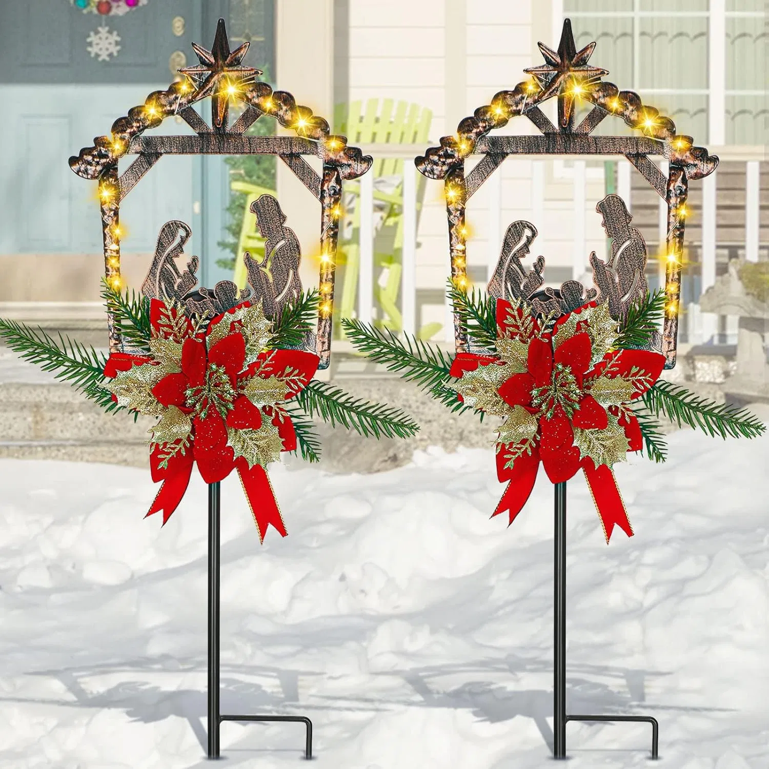 2 Pcs Nativity Scene Outdoor Yard Stakes Metal Christmas Light Decorations LED Christmas Decorations Nativity Scene Outdoor Solar Outdoor Lighted Nativity Scene for Pathway Garden Lawn (Classic) photo 4