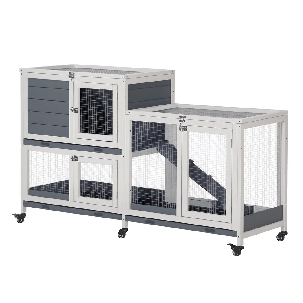 Wooden Rabbit Hutch Elevated Pet House Bunny Cage Small Animal Habitat with Slide-out Tray Lockable Door Openable Top for Indoor 58" x 18" x 35" Grey photo 7