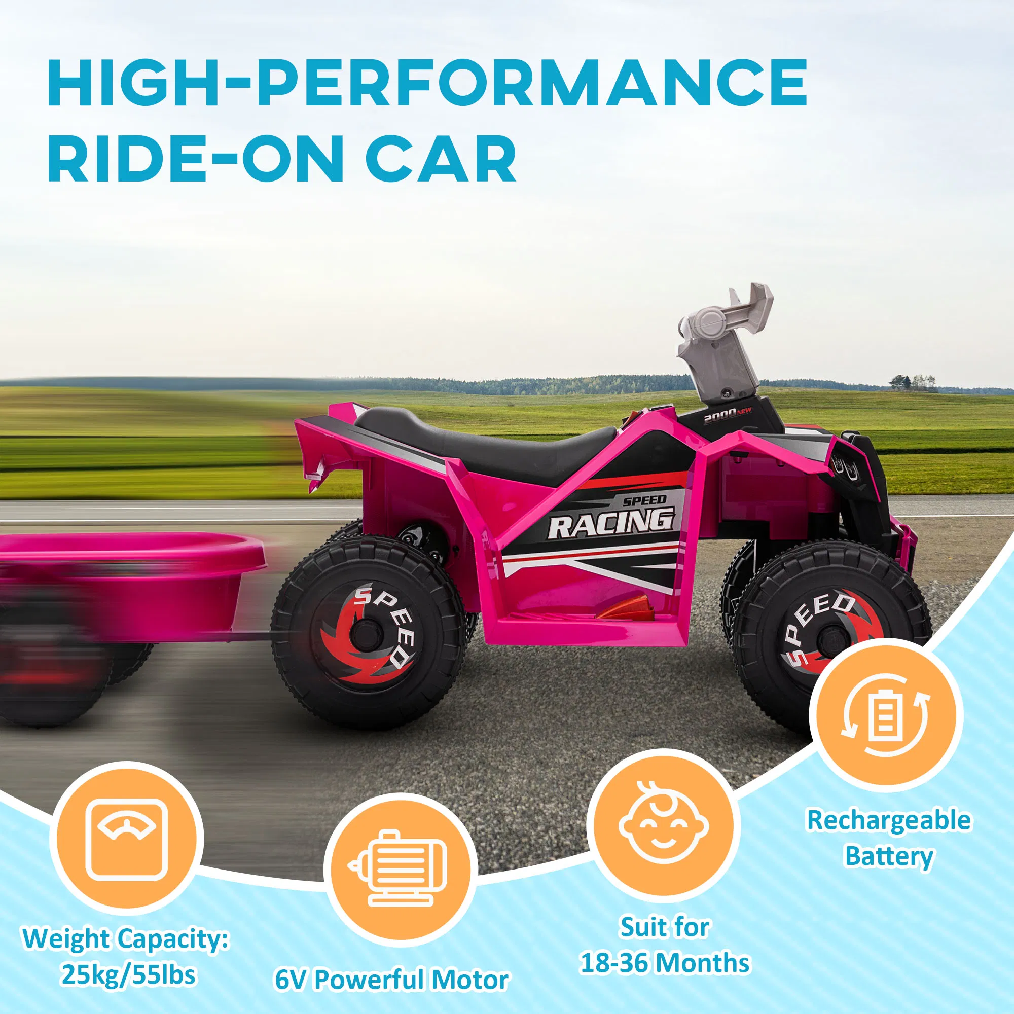 6V Electric Toy Car with Back Trailer, Forward Backward, Wear-Resistant Wheels for Ages 18-36 Months, Pink photo 4