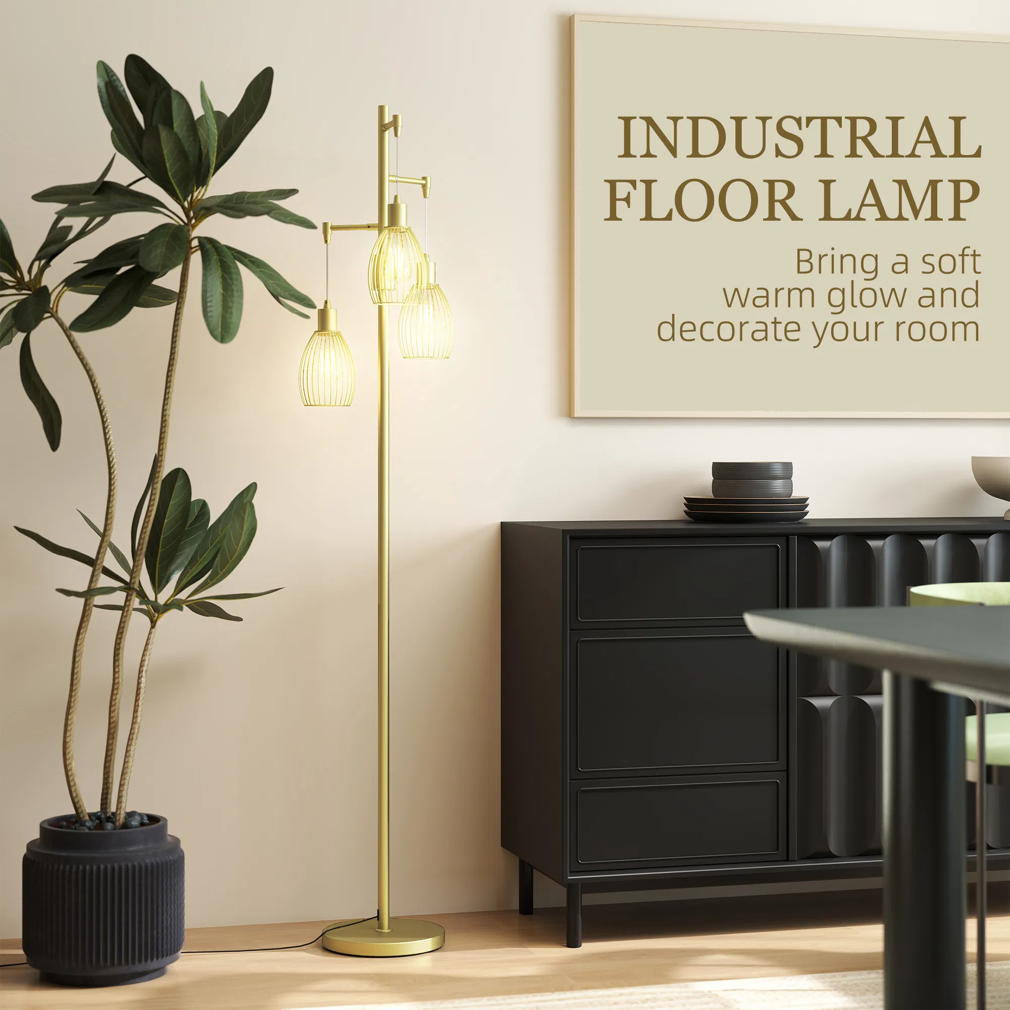 Industrial Floor Lamp with 3 Hanging Wire Lampshades, Dimmable Standing Lamp for Living Room, Gold photo 5