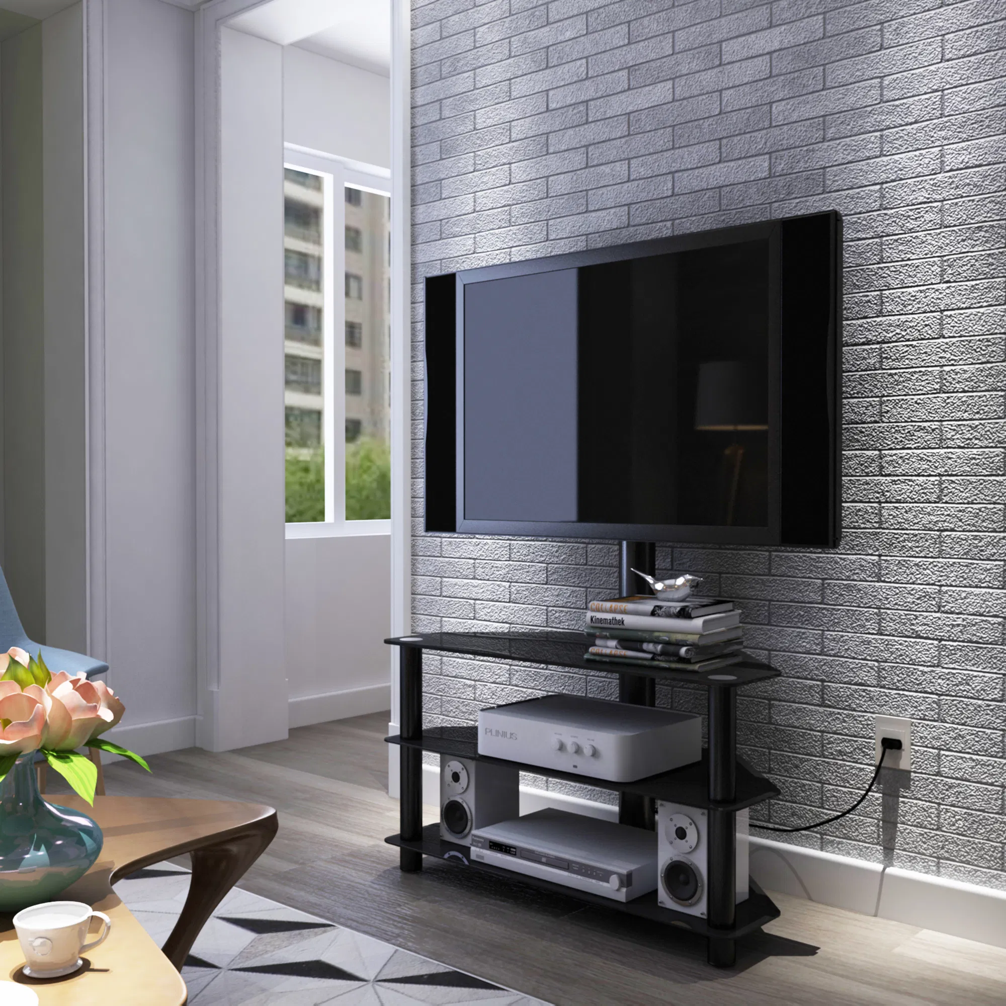 Black Multi-function TV Stand Height Adjustable Bracket Swivel 3-Tier photo 1