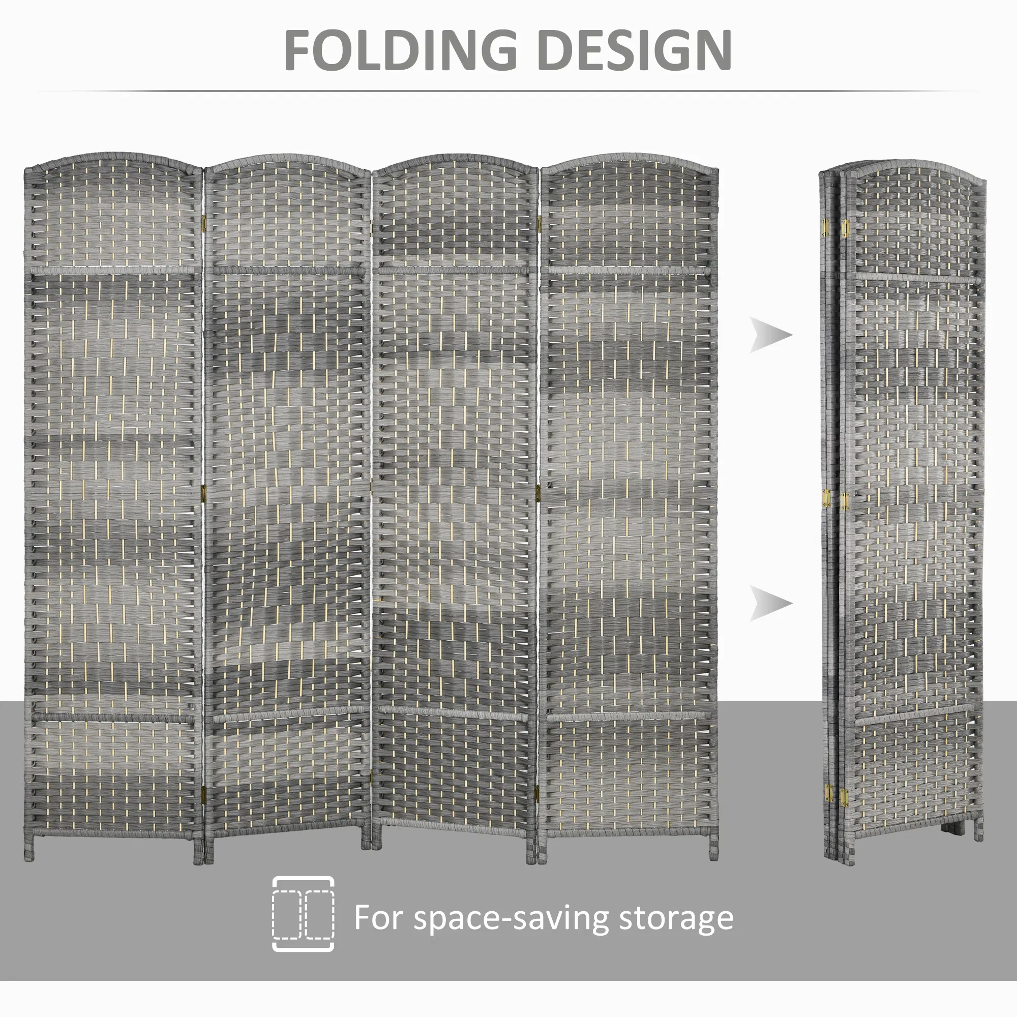 6 Ft Tall Folding Room Divider, 4 Panel Portable Privacy Screen, Hand-Woven Partition Wall Divider, Mixed Grey photo 5