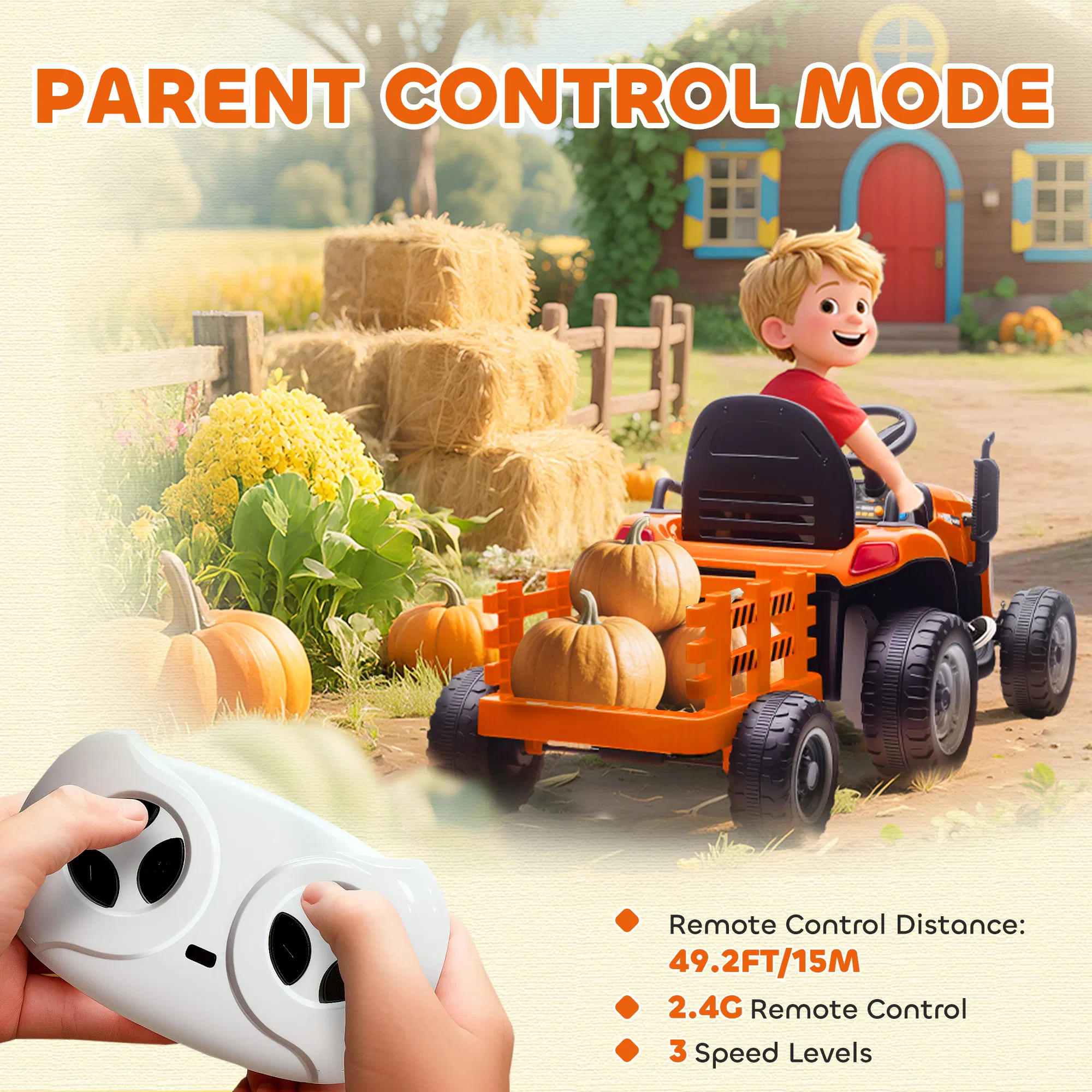 12V Kids Ride On Tractor with Trailor, Remote Control, Music, Lights, Shifter, for Kids Ages 3-8 Years, Orange photo 6