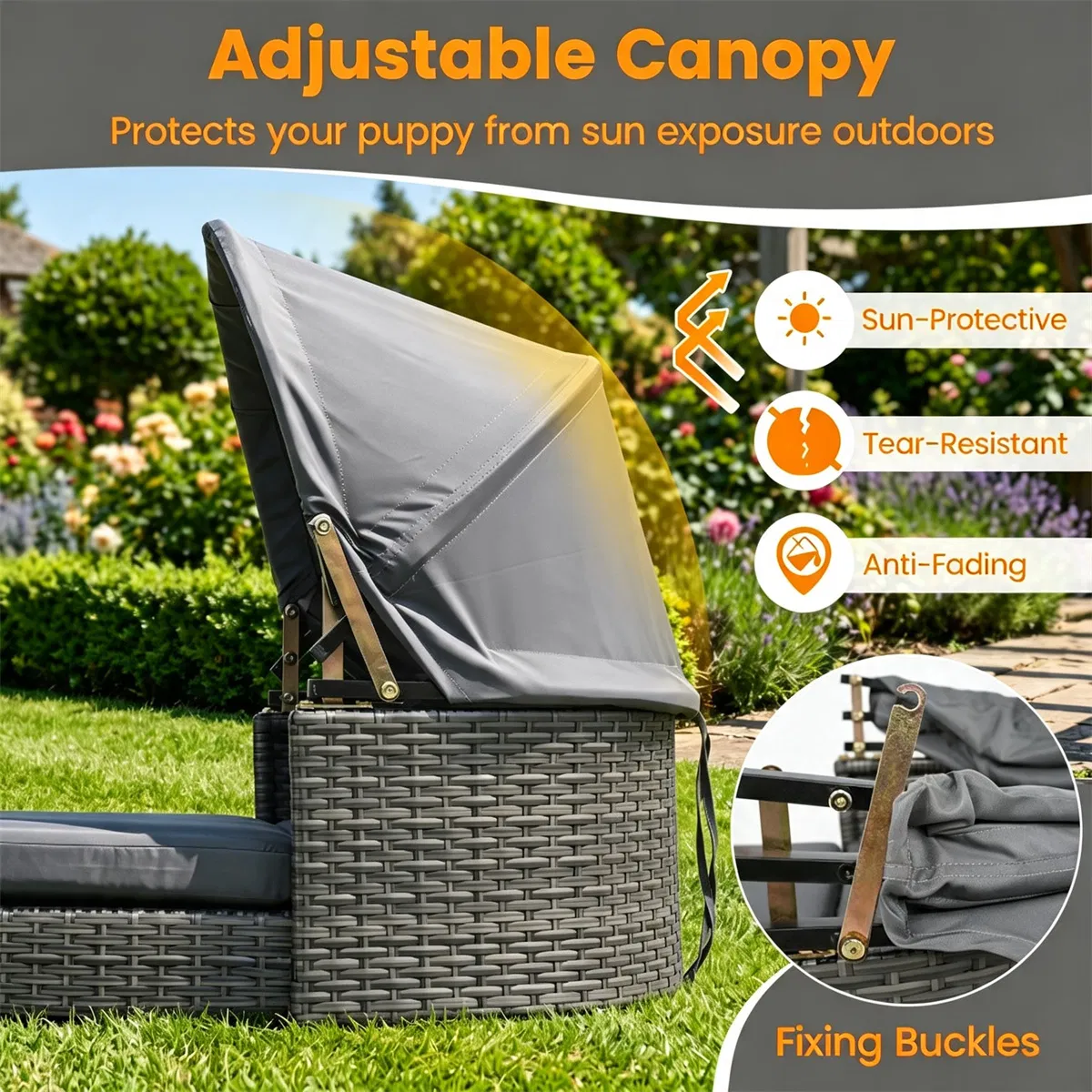 Gray Hand-Woven PE Rattan Dog Bed with Adjustable Canopy, Elevated Outdoor Pet Daybed with Washable Plush Cushion, Anti-Slip Breathable Pet Shelter for Indoor Patio Garden photo 8